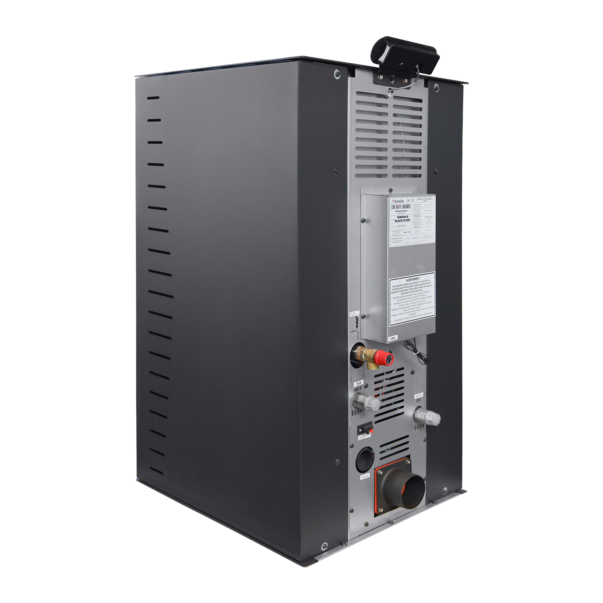 Mărește imaginea pentru Pachet cazan pe peleti Fornello SERENA B 25 kw complet echipat cu pompa de circulatie vas de expansiune supapa siguranta telecomanda culoare Black arzator fonta kit evacuare 2.5 ml pentru suprafete pana la 150 mp