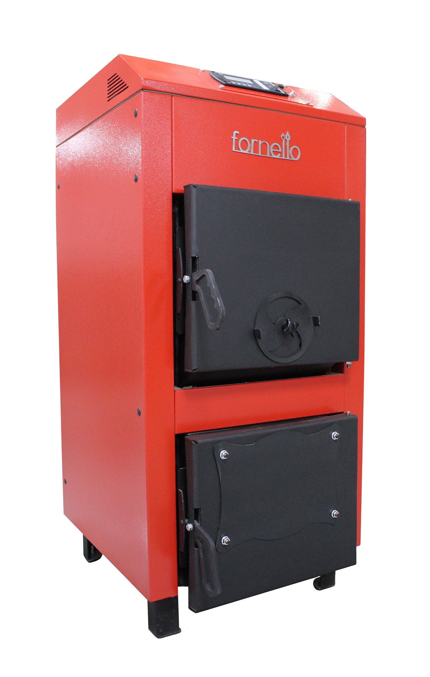 Centrala pe lemne, brichete si carbuni Fornello A 25 kW, cu ventilator si automatizare, serpentina de racire si flansa pentru arzator cu peleti Fornello