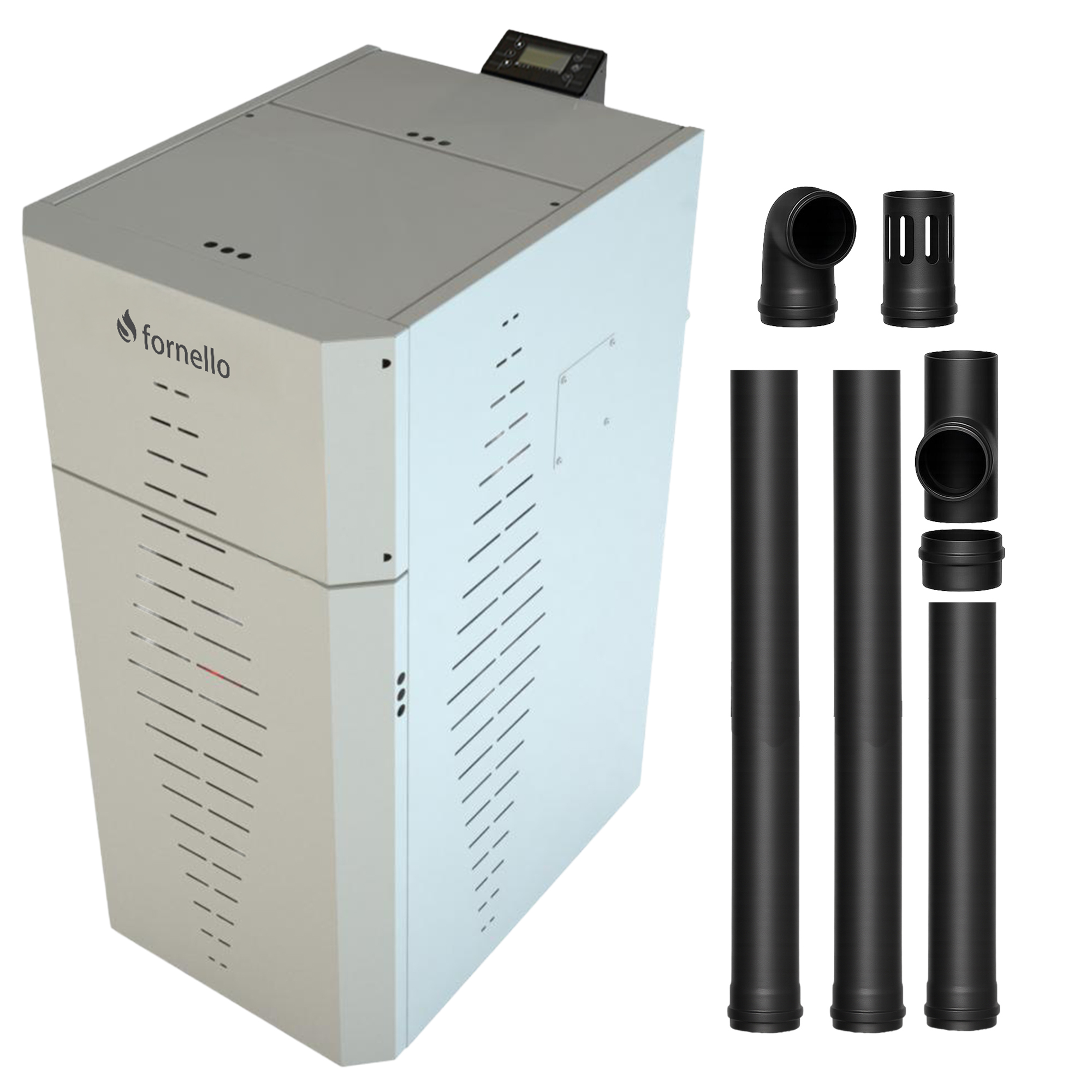 Pachet centrala pe peleti Fornello INCANTO COMPACT 25 kW, pompa electronica, vas expansiune, arzator inox, grup de siguranta, kit evacuare 2.5 ml, sistem de curatare MECANICA a creuzetului si drumurilor de fum, culoare alb