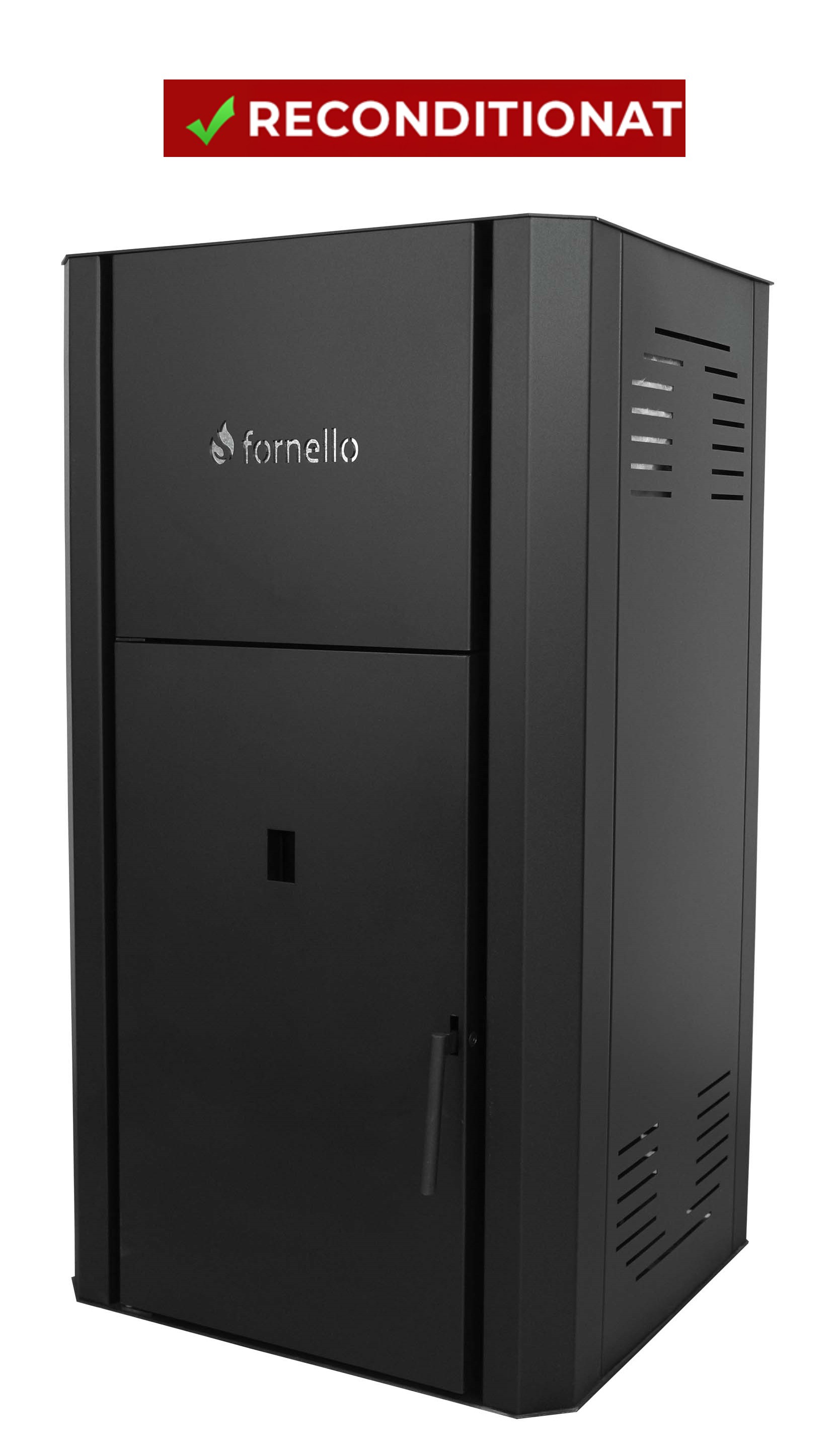 PRODUS RECONDITIONAT CU ZGARIETURI MINORE DAR IN PERFECTA STARE DE FUNCTIONARE !!!  Centrala pe peleti Fornello Primo Pellet Black 30 kw, complet echipata cu pompa de circulatie, vas expansiune, supapa de siguranta,  buncar de  peleti 30 kg, automati
