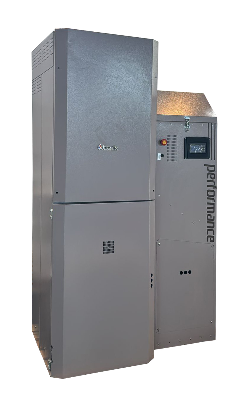 Centrala pe peleti Fornello Slimpel Performance 40 kw, arzator inox, sistem curatare automata arzator si schimbator de caldura, pompa de circulatie, tiraj fortat , buncar 150 litri, pompa electronica Grundfos, sistem curatare mecanica schimbator de c