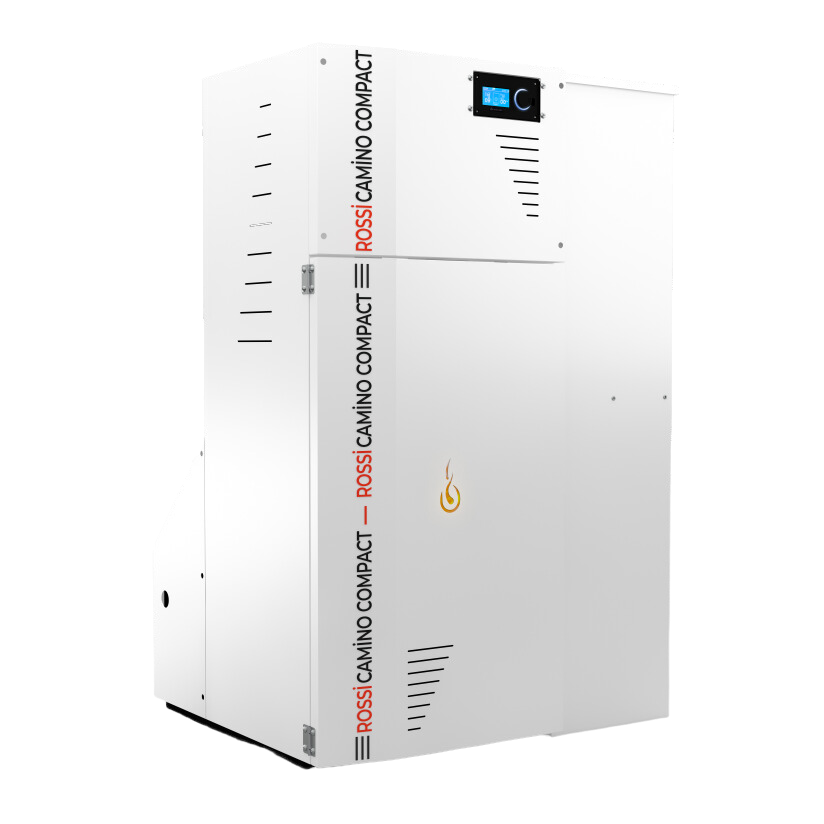Centrala termica compacta pe peleti Fornello Rossi Camino Compact 25 kw, pompa de circulatie, vas expansiune, tiraj fortat, curatare manuala a arzatorului si mecanica a drumurilor de fum, Ecodesign, A+, cu rezervor 198 l Centrale pe peleti