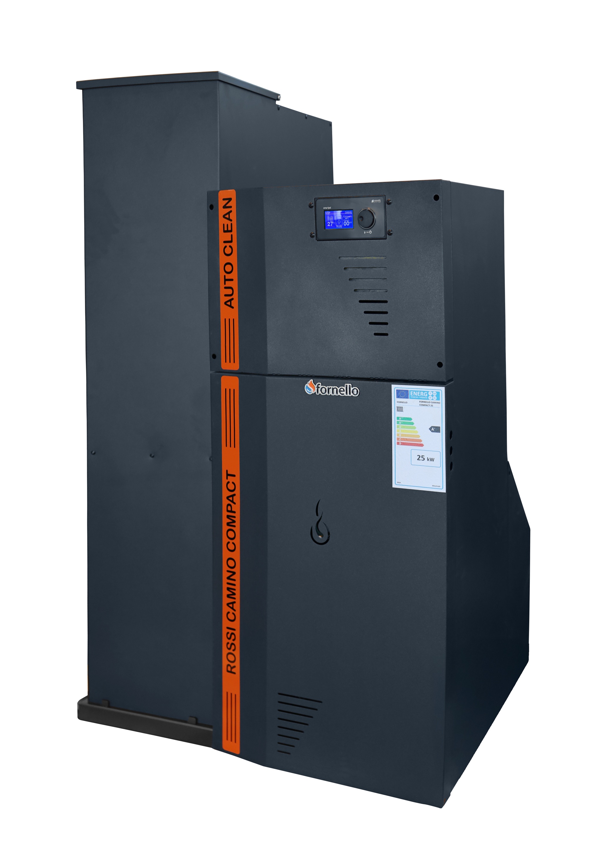 Centrala termica compacta pe peleti Fornello Rossi Camino Compact Automatic 25 kw, pompa de circulatie, vas expansiune, tiraj fortat, curatare automata a arzatorului si a drumurilor de fum, culoare antracit, Ecodesign, A+