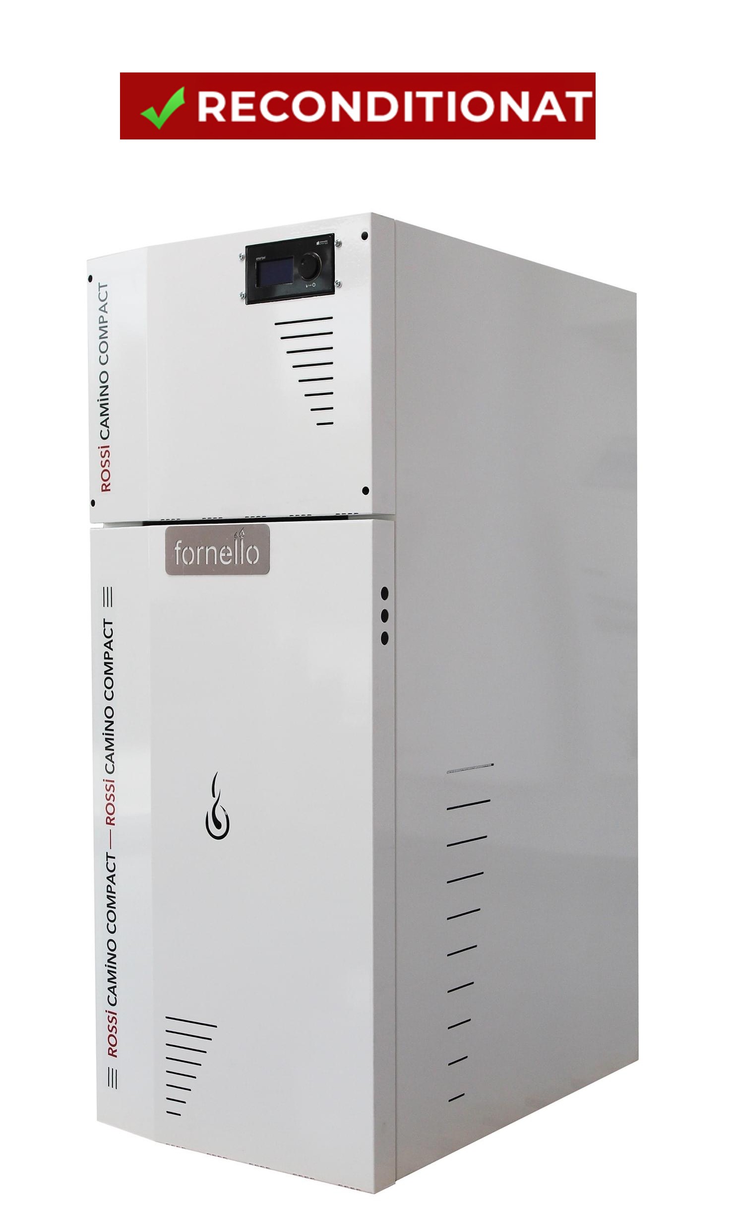 PRODUS RECONDITIONAT CU ZGARIETURI MINORE DAR IN PERFECTA STARE DE FUNCTIONARE !!!  Centrala termica pe peleti Fornello Rossi Camino Compact 35 kw, pompa de circulatie, vas expansiune, tiraj fortat, curatare facila a drumurilor de fum, Ecodesign, A+