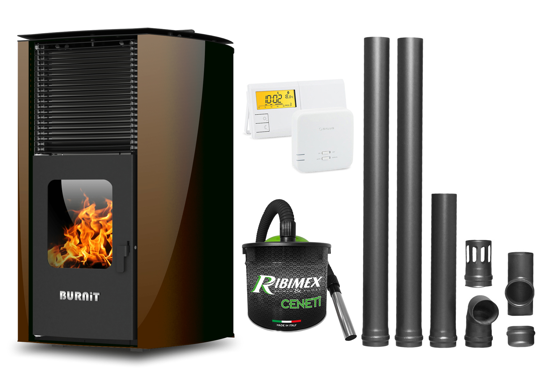 Pachet Termosemineu pe peleti Burnit Advant Novation Brown 25 kw, echipata cu pompa de circulatie, vas de expansiune, automatizare, Termostat Radio Comanda Salus 091FLRFV2, Aspirator Cenusa si Kit evacuare 2.5 ml