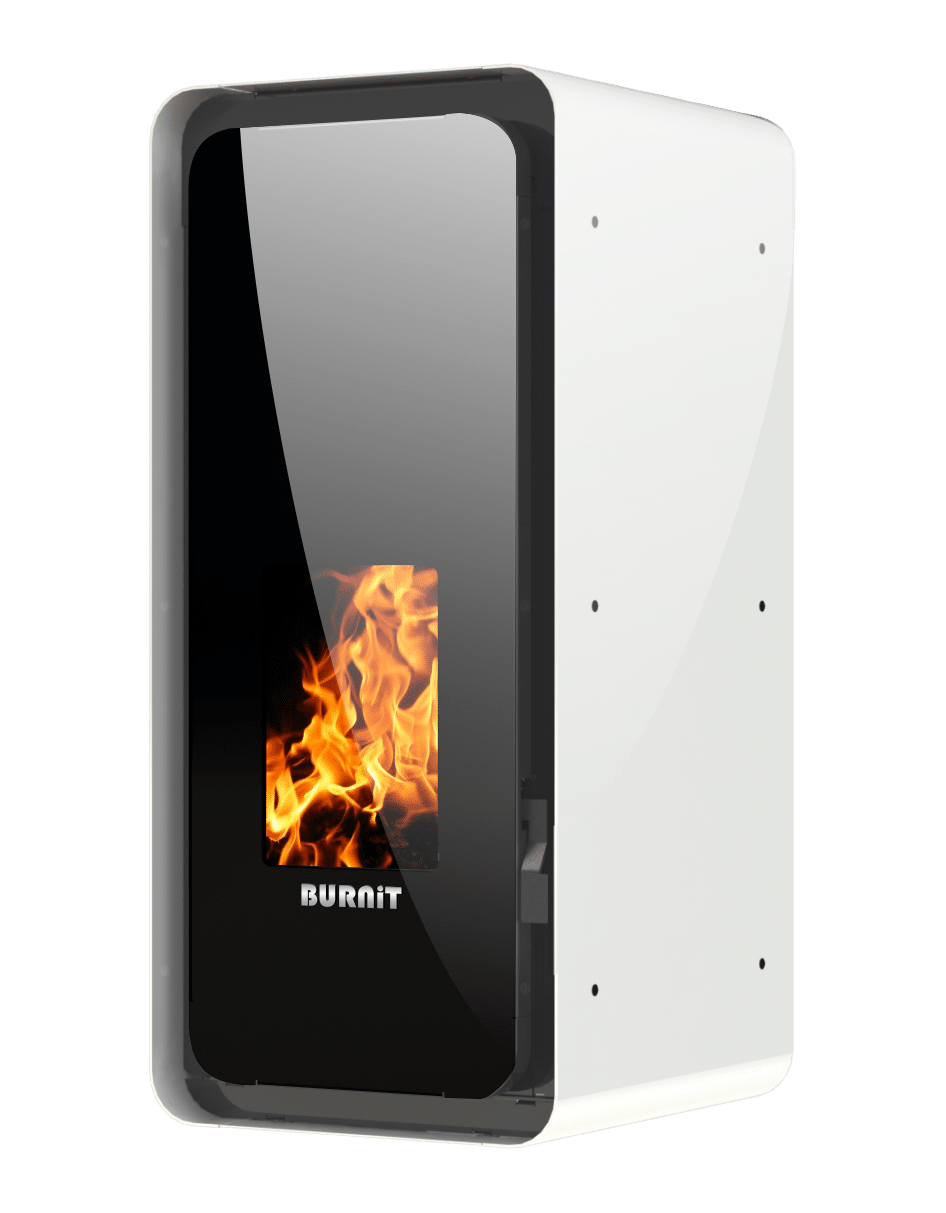 Termosemineu pe peleti Burnit Calor Swan White 13 kW echipata cu pompa de circulatie vas de expansiune automatizare suprafata pana la 100 metri patrati