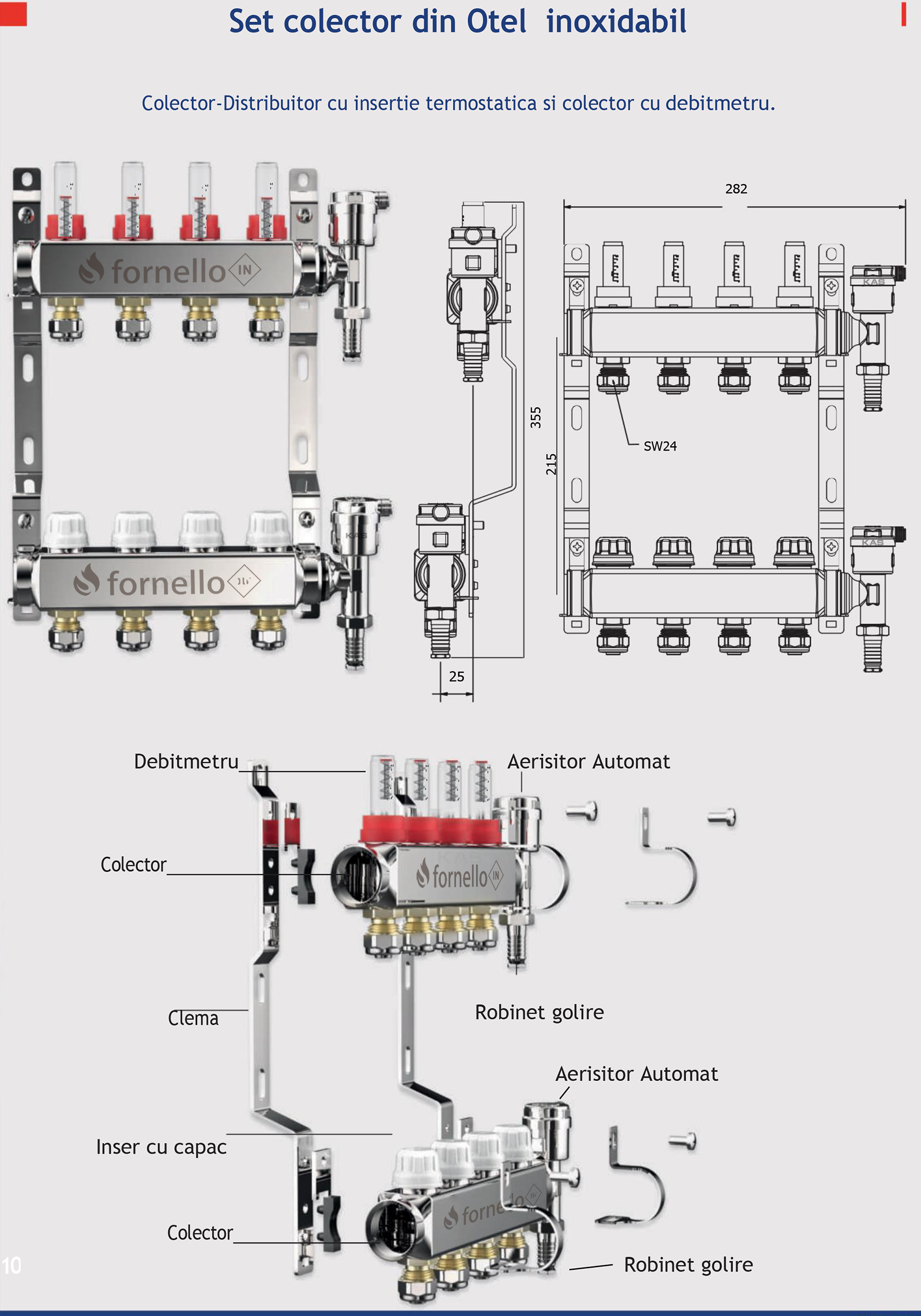 Distribuitor-Colector Fornello echipat cu debitmetre robineti si aerisitoare inox filet interior 9 cai 1