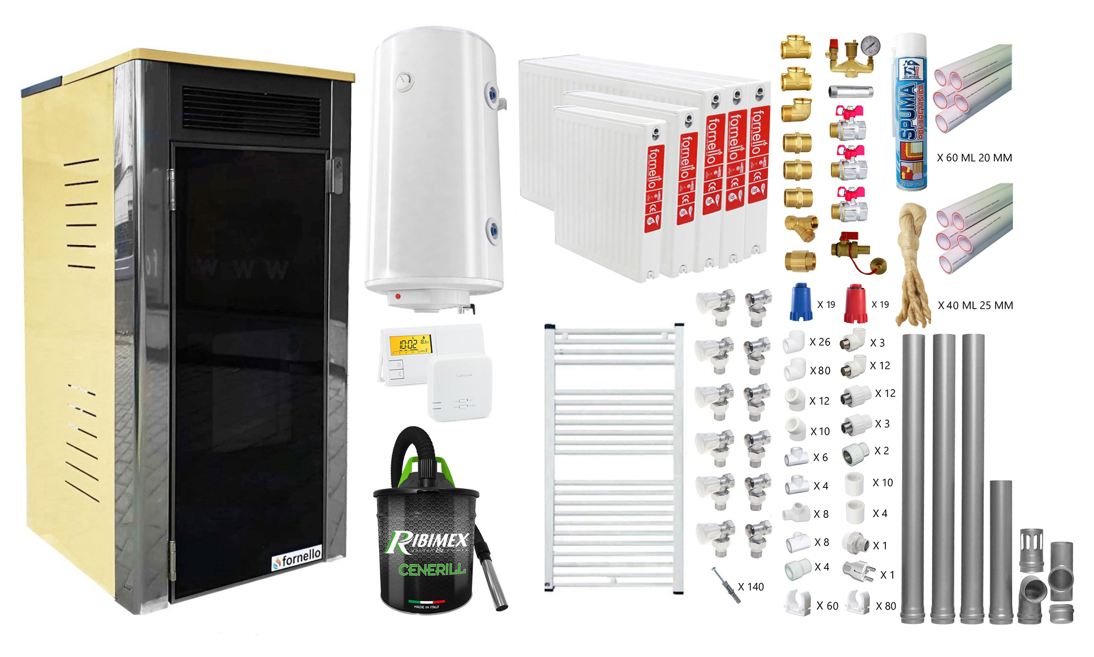 Pachet 4 camere, termoșemineu Fornello Primo Truva 25 kW Ivory, pompa de circulatie, vas de expansiune, supape de siguranta, curatare mecanica creuzet, Boiler, kit evacuare, Termostat, Aspirator, Fitinguri si teava PPR
