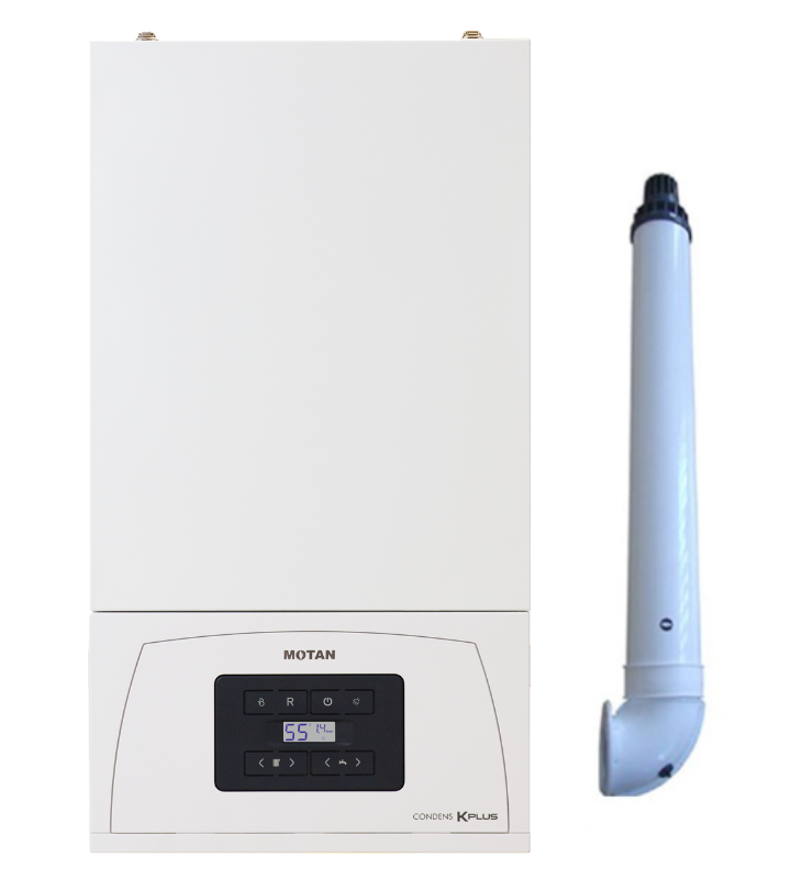 Pachet apartament cu 3 camere centrala termica pe gaz in condensare Motan Condens KPlus 22.5 kW kit evacuare termostat calorifere otel kit armaturi centrala robineti calorifer