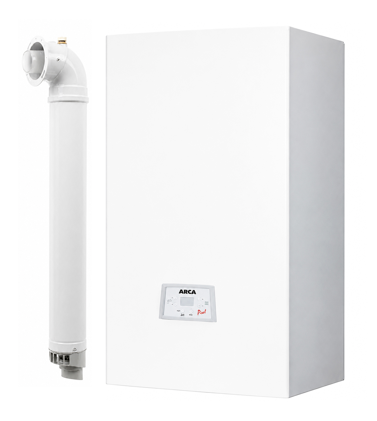 Pachet apartament cu o camera centrala termica pe gaz conventionala Arca Pixel 25 F 25 kw kit evacuare inclus termostat calorifere otel teava PPR si fitinguri kit armaturi centrala robineti calorifer