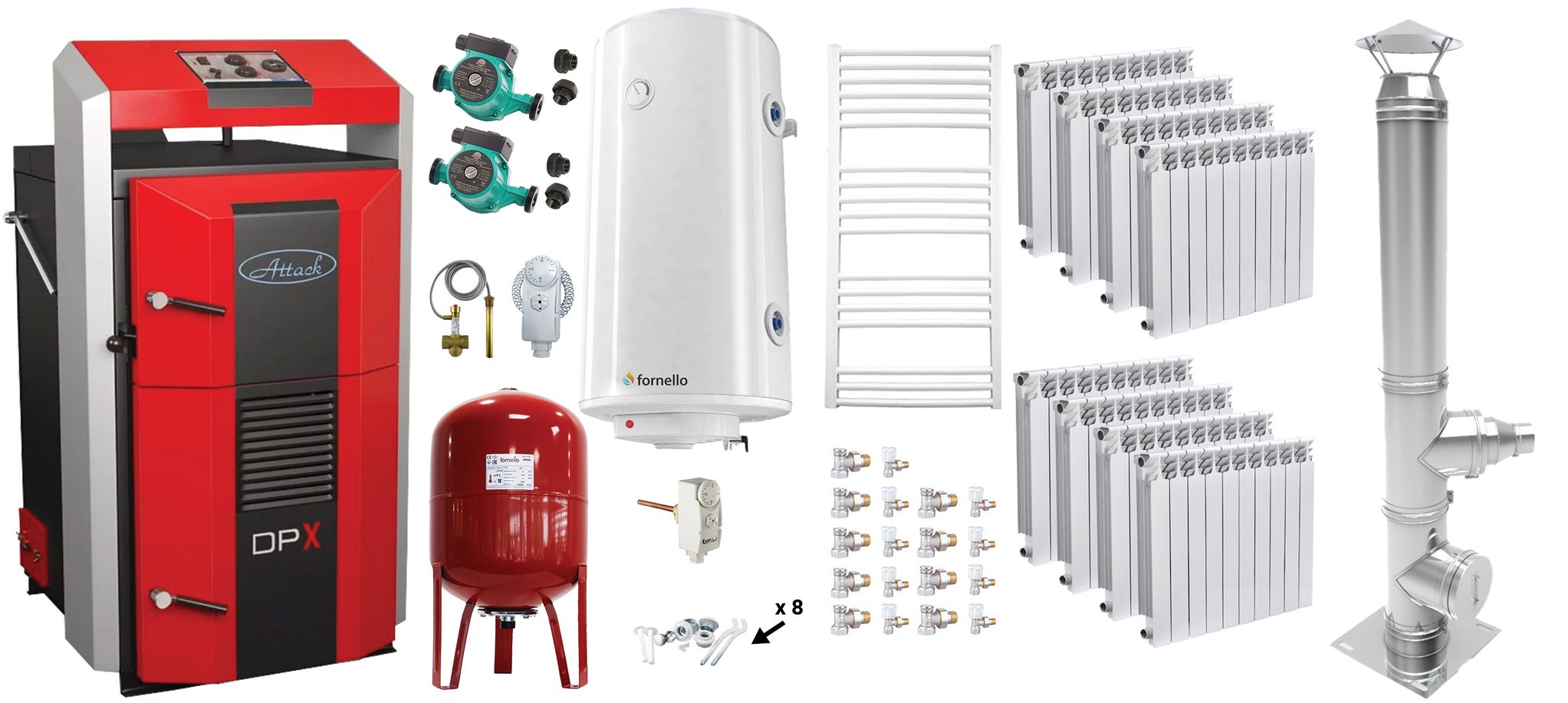 Pachet basic Cazan (centrala) pe combustibil solid, Attack DPX Standard cu gazeificare, 45 kW, calorifere aluminiu, cos inox, boiler, vas expansiune, 2 pompe circulare, vana sts, termostat imersie si termostat contact