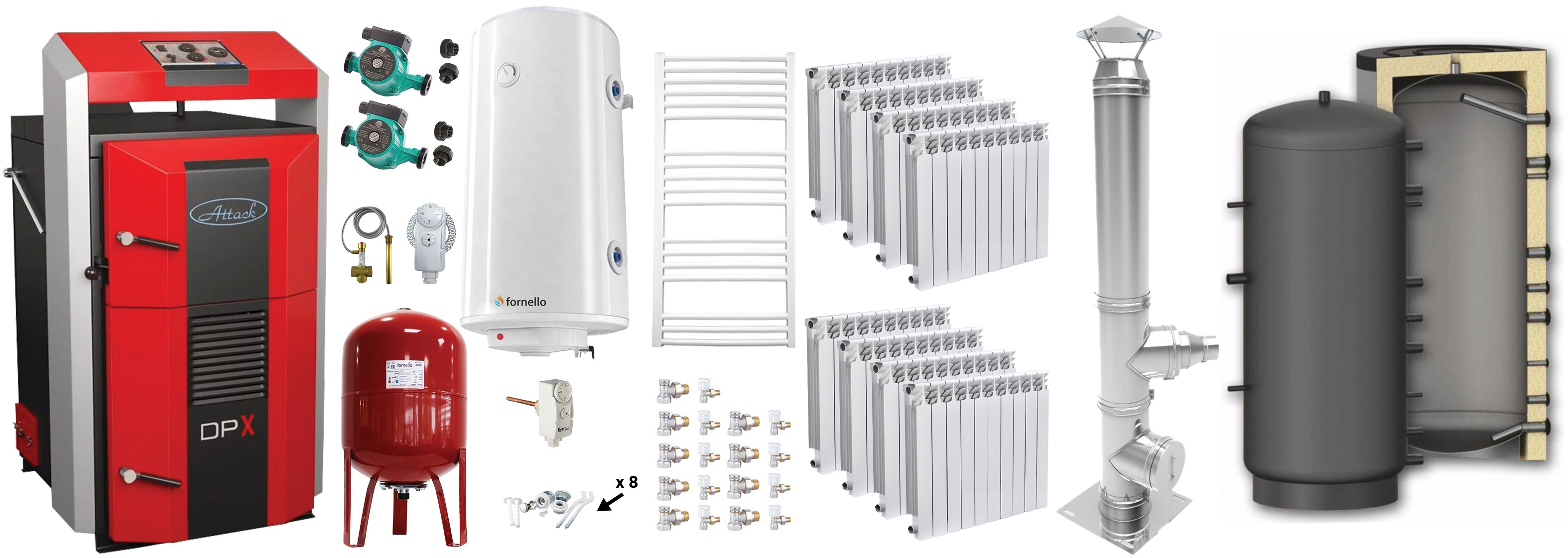 Pachet basic Cazan (centrala) pe combustibil solid, Attack DPX Standard cu gazeificare, 45 kW, Puffer 1000 litri, calorifere aluminiu, cos inox, boiler, vas expansiune, 2 pompe circulare, vana sts, termostat imersie si termostat contact