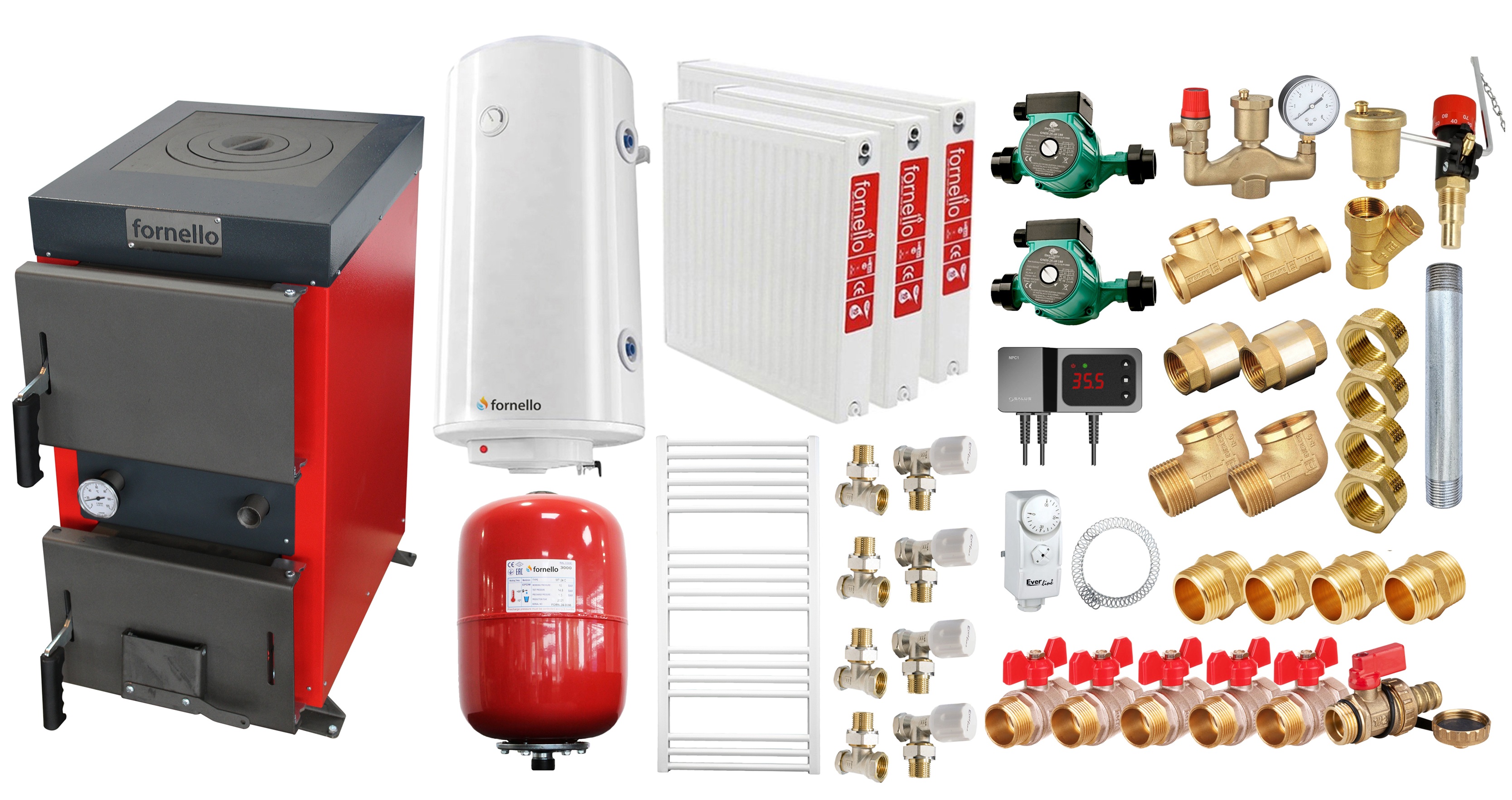 Pachet Cazan (centrala) cu plita pe combustibil solid (lemn, carbune, brichete), Fornello Rustic KP 12 kW, Calorifere otel, Pompe, Boiler, Vas expansiune, Fitinguri montaj