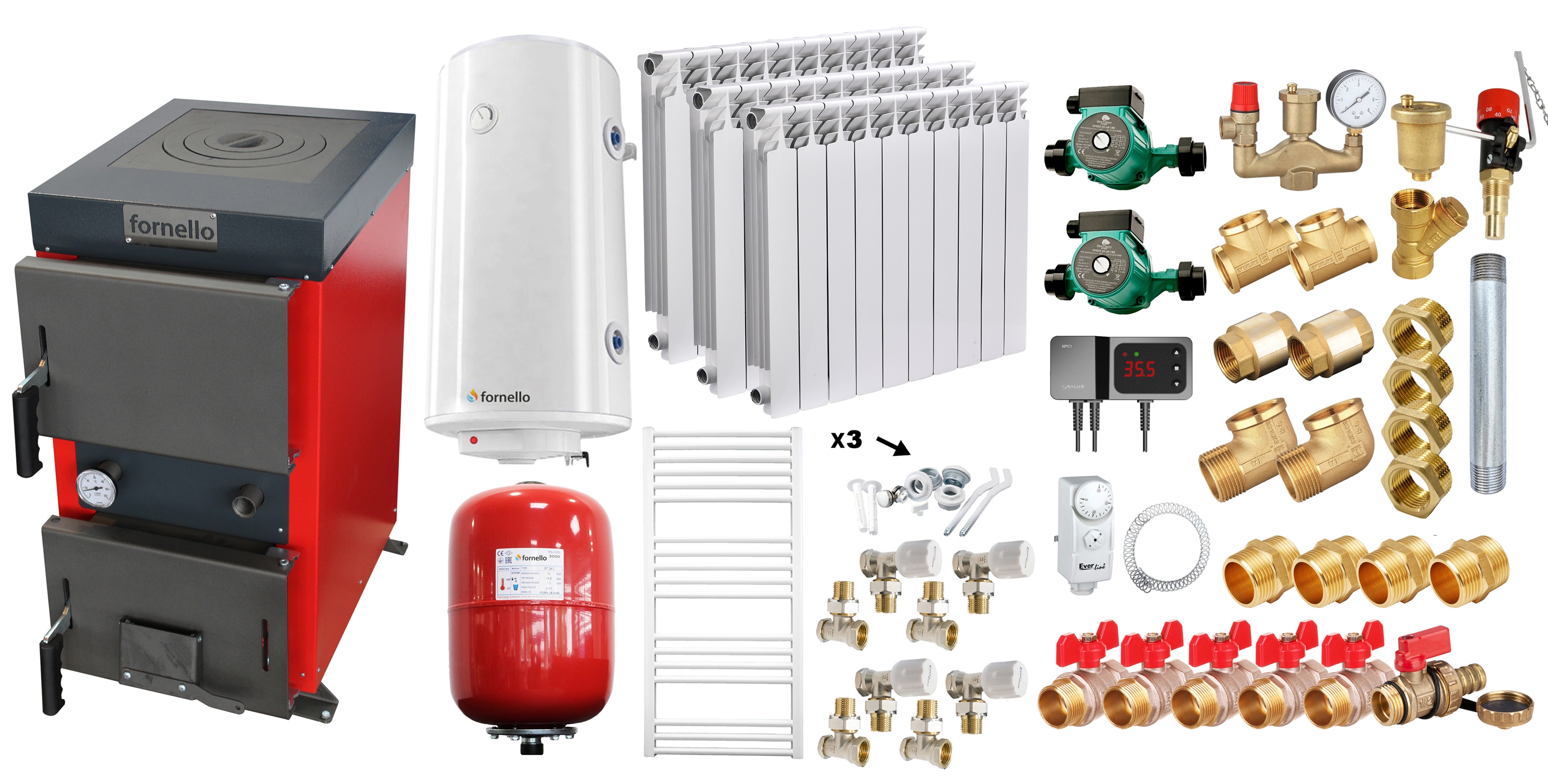 Pachet Cazan (centrala) cu plita pe combustibil solid (lemn, carbune, brichete), Fornello Rustic KP 12 kW, Calorifere aluminiu, Pompe, Boiler, Vas expansiune, Fitinguri montaj