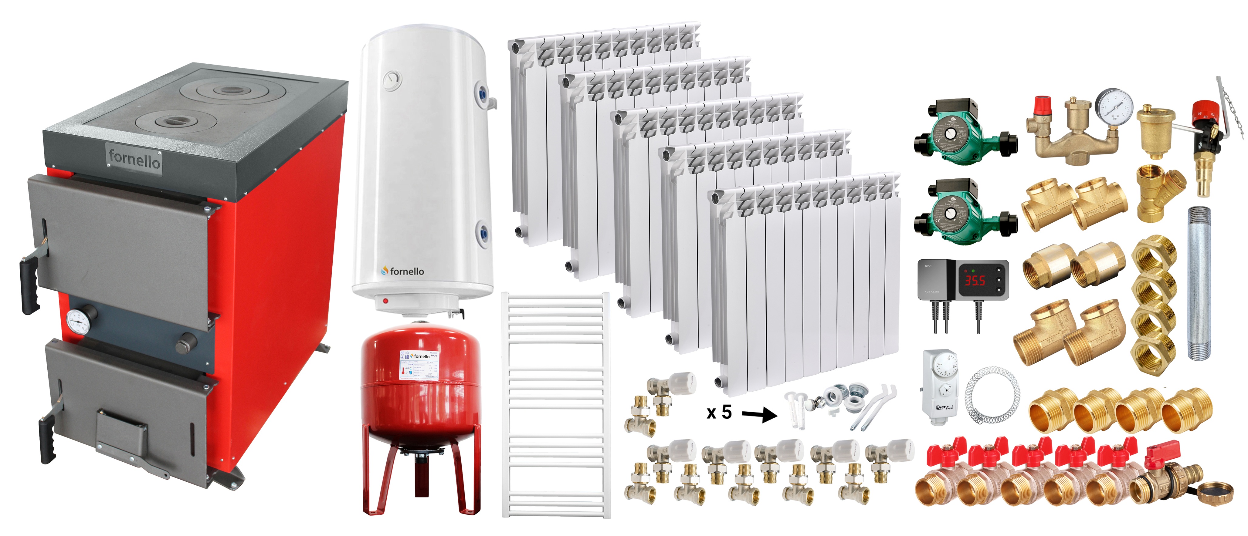 Pachet Cazan (centrala) cu plita pe combustibil solid (lemn, carbune, brichete), Fornello Rustic KP 20 kW, Calorifere aluminiu, Pompe, Boiler, Vas expansiune, Fitinguri montaj