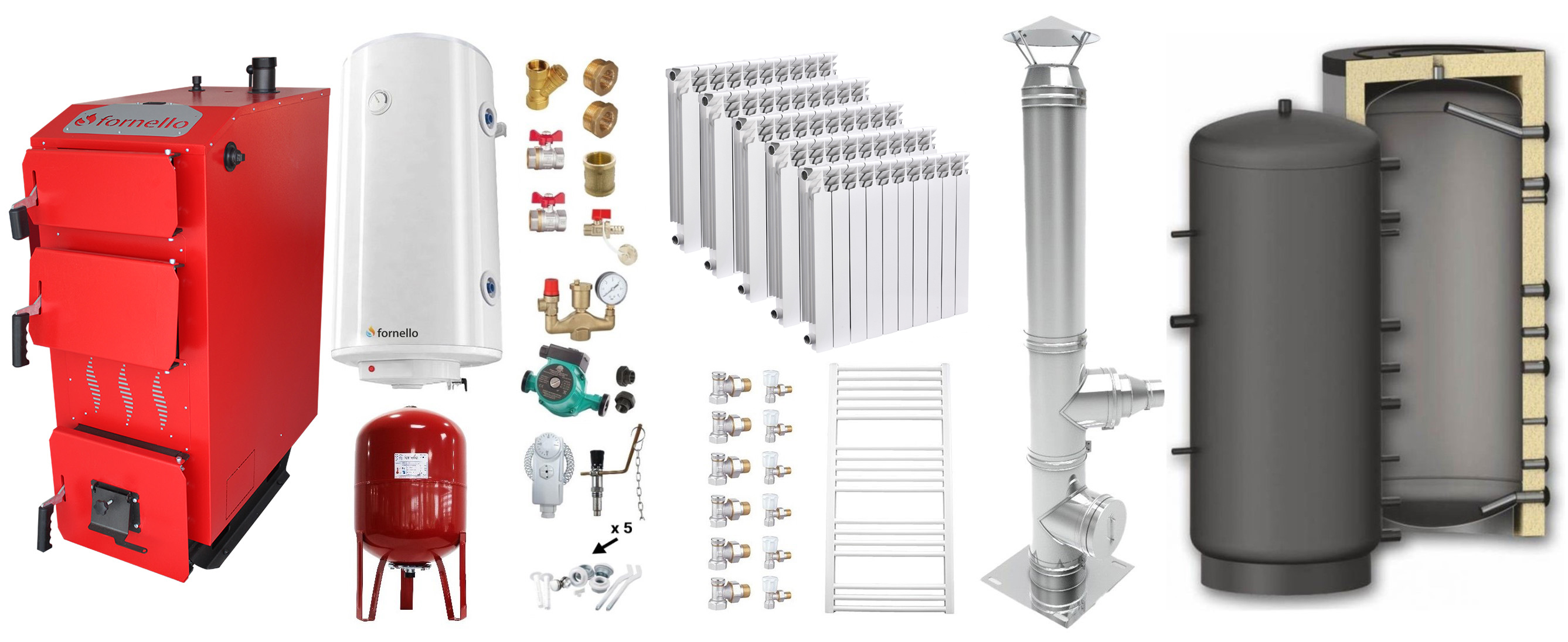 Pachet Cazan (centrala) pe combustibil solid, (lemn, carbune), Fornello Praktik 30  kW, Puffer 1000 litri, Cos Inox, Calorifere Aluminiu Fornello Alvo, Boiler, Vas Expansiune, Pompa, Fitinguri Montaj