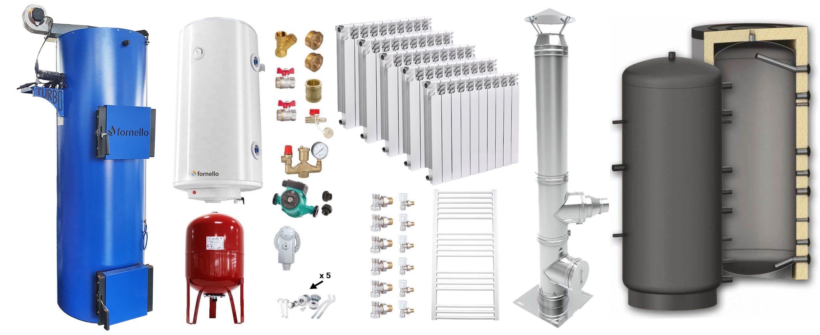 Pachet Cazan (centrala) pe combustibil solid tip lumanare Fornello Turbo 25 kW, Puffer 800 litri, Cos Inox, Calorifere Aluminiu, Boiler, Vas Expansiune, Pompa, Fitinguri Montaj