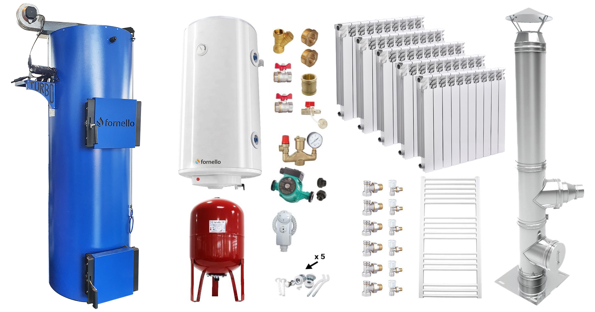 Pachet Cazan (centrala) pe combustibil solid tip lumanare Fornello Turbo 50 kW, Cos Inox, Calorifere Aluminiu, Boiler, Vas Expansiune, Pompa, Fitinguri Montaj