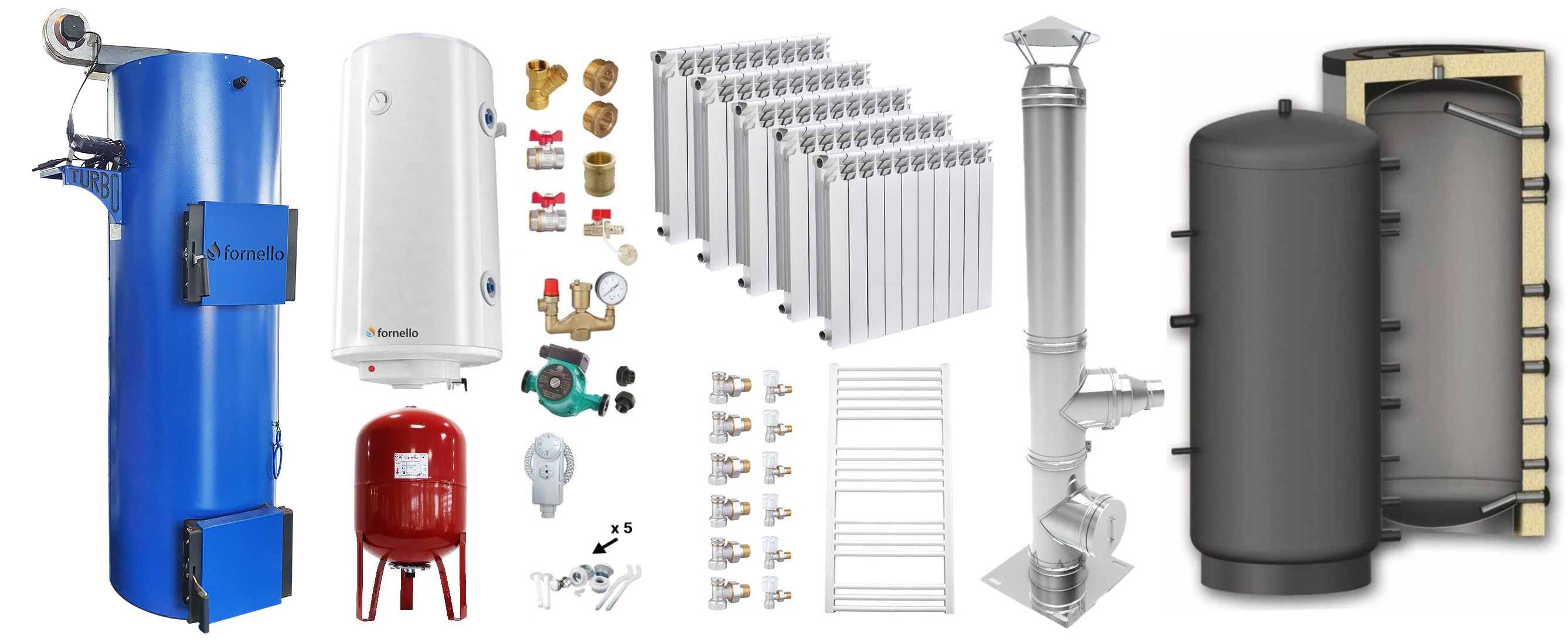 Pachet Cazan (centrala) pe combustibil solid tip lumanare Fornello Turbo 50 kW, Puffer 800 litri, Cos Inox, Calorifere Aluminiu, Boiler, Vas Expansiune, Pompa, Fitinguri Montaj