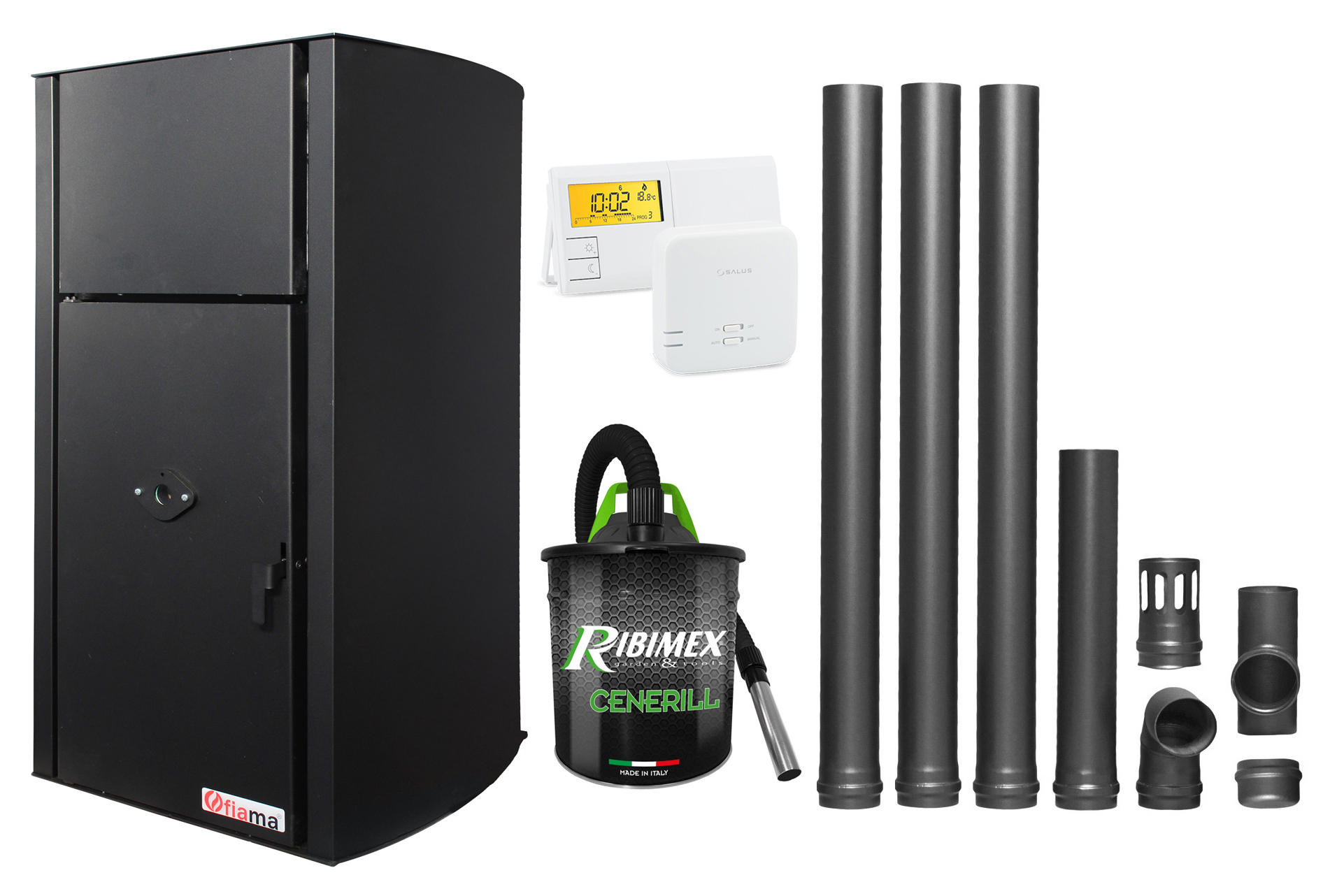 Pachet Centrala pe peleti Fiama Confort B 25 kw, complet echipata pentru incalzire, Pompa, Vas expansiune, Automatizare, Termostat Radio Comanda Salus 091FLRFV2, Aspirator Cenusa si Kit evacuare 3.5 ml Centrale pe peleti