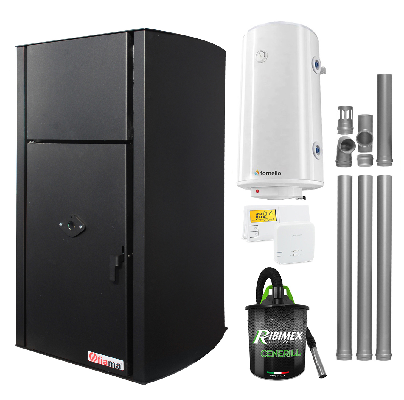 Pachet Centrala pe peleti Fiama Confort  B 25 kw, complet echipata pentru incalzire, Pompa, Vas expansiune, Automatizare, Boiler 100 litri, Termostat Radio Comanda Salus 091FLRFV2, Aspirator Cenusa si Kit evacuare 3.5 ml