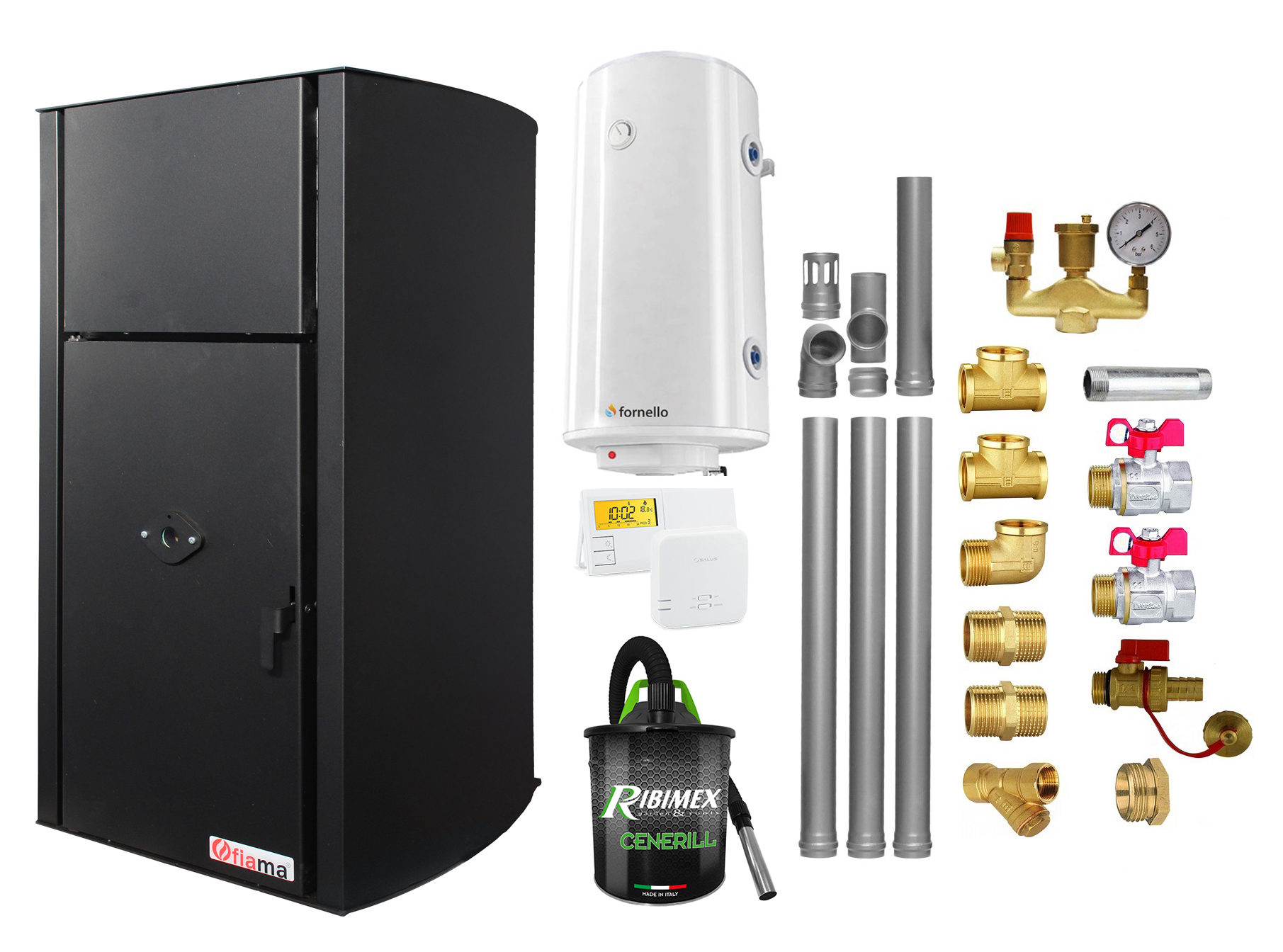 Pachet Centrala pe peleti Fiama Confort  B 25 kw, complet echipata pentru incalzire, Pompa, Vas expansiune, Automatizare, Boiler 100 litri, Termostat Radio Comanda Salus 091FLRFV2, Aspirator, Kit evacuare 3.5 ml si Fitinguri montaj