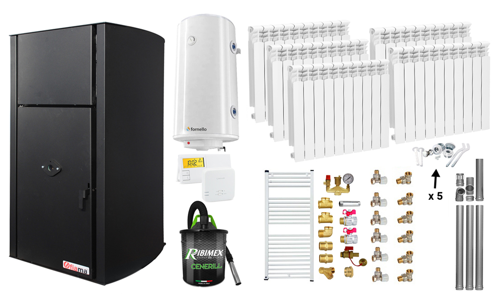 Pachet Centrala pe peleti Fiama Confort B 25 kw, Pompa, Vas expansiune, Automatizare, Calorifere aluminiu, Boiler 100 litri, Termostat, Aspirator, Kit 3.5 ml si Fitinguri montaj Centrale pe peleti