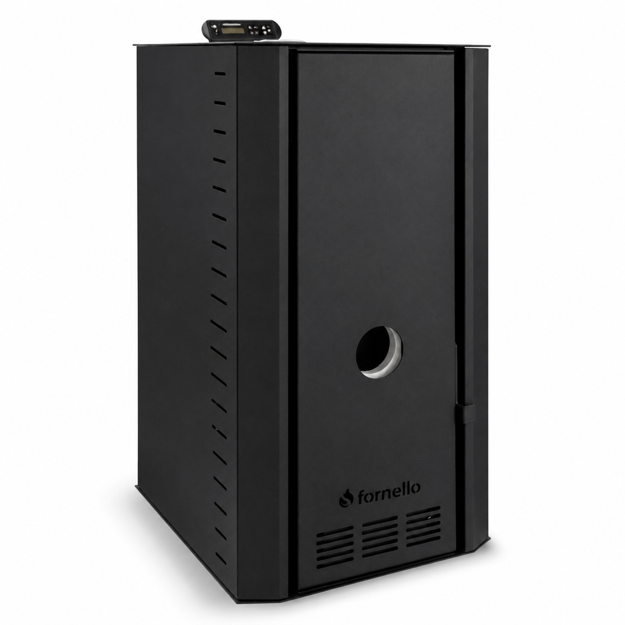 Pachet cazan pe peleti Fornello SERENA B 25 kw complet echipat cu pompa de circulatie vas de expansiune supapa siguranta telecomanda culoare Black arzator fonta kit evacuare 3.5 ml pentru suprafete pana la 150 mp