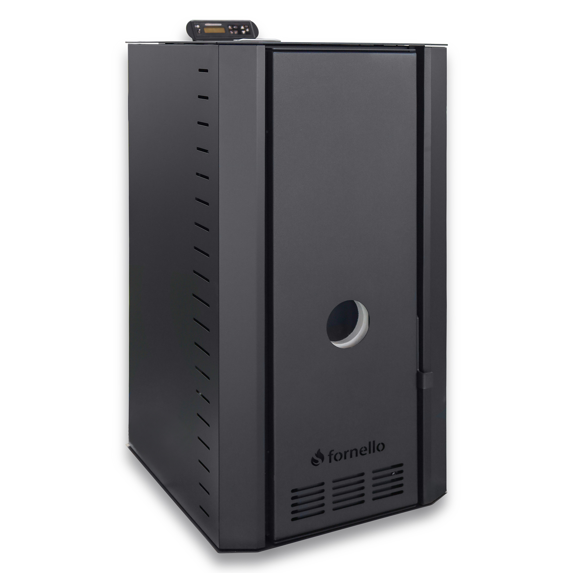 Mărește imaginea pentru Pachet cazan pe peleti Fornello SERENA B 25 kw complet echipat cu pompa de circulatie vas de expansiune supapa siguranta telecomanda culoare Black arzator fonta kit evacuare 3.5 ml pentru suprafete pana la 150 mp