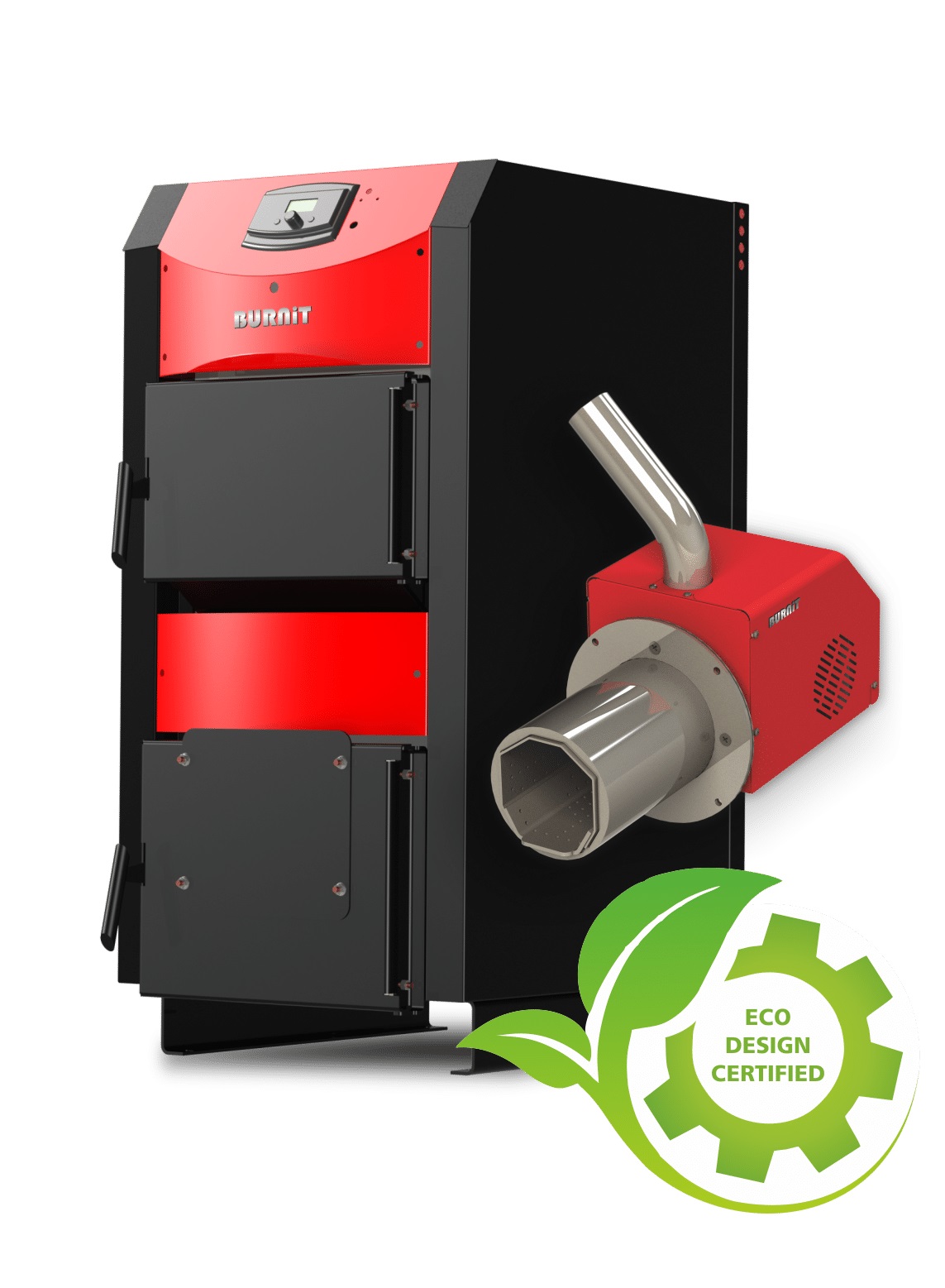 Pachet Centrala mixta combustibil solid si peleti Burnit NWB PRIME 50 kW si Arzator pe peleti Pell Eco 35 kW cos inox ventilator automatizare serpentina racire flansa arzator pompa circulatie 25-60 vas expansiune 50 l boiler termoelectric