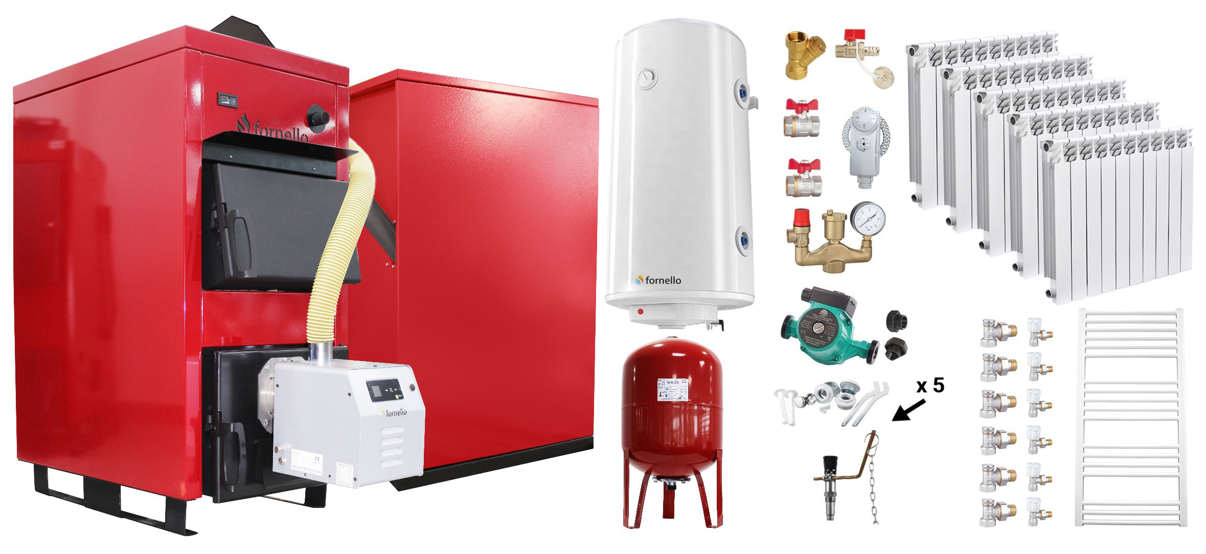 Pachet Centrala Mixta Lemn si Peleti Fornello Eco Energy WB 25 kW, Calorifere Aluminiu Fornello Alvo, Boiler termoelectric, Vas expansiune, Pompa, Arzator Fornello B-HOME 34 kW cu snec B-MAX, Buncar 280 kg si fitinguri