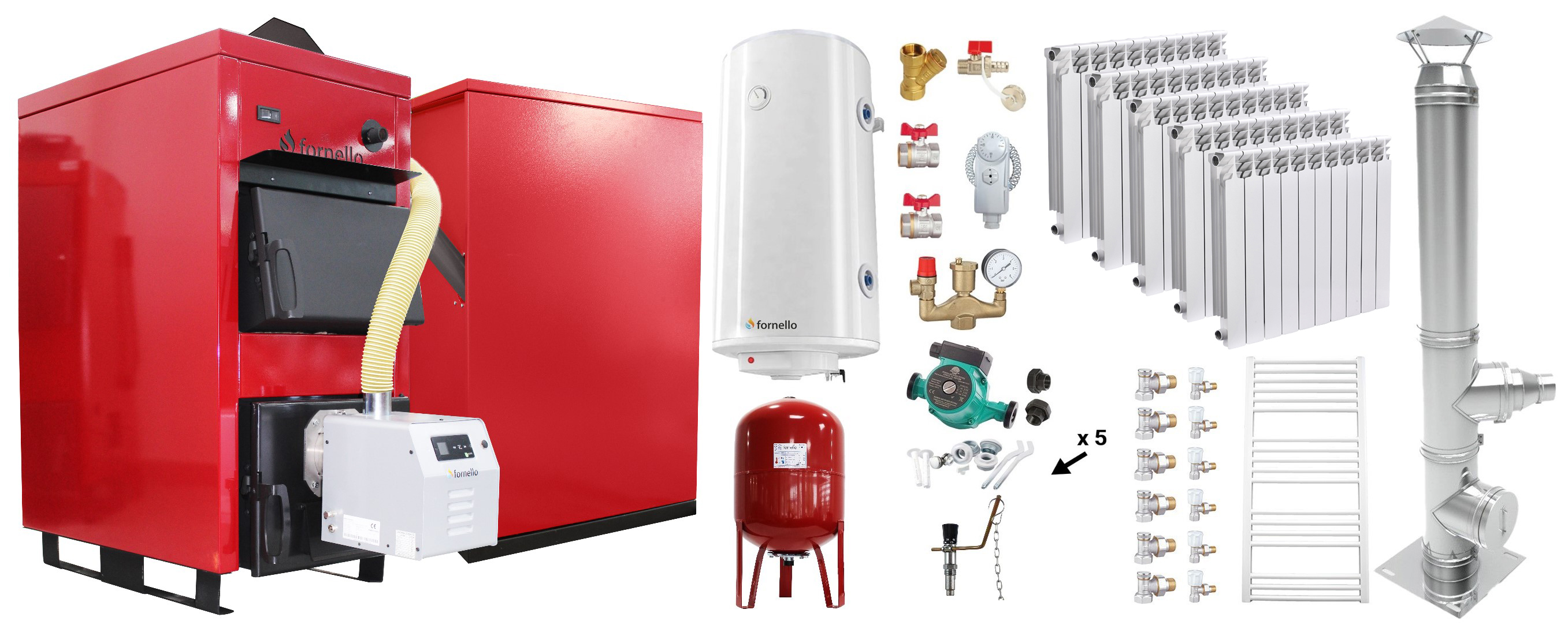 Pachet Centrala Mixta Lemn si Peleti Fornello Eco Energy WB 25 kW, Calorifere Aluminiu Fornello Alvo, Cos Inox, Boiler termoelectric, Vas expansiune, Pompa, Arzator Fornello B-HOME 34 kW cu snec B-MAX, Buncar  280 kg si fitinguri