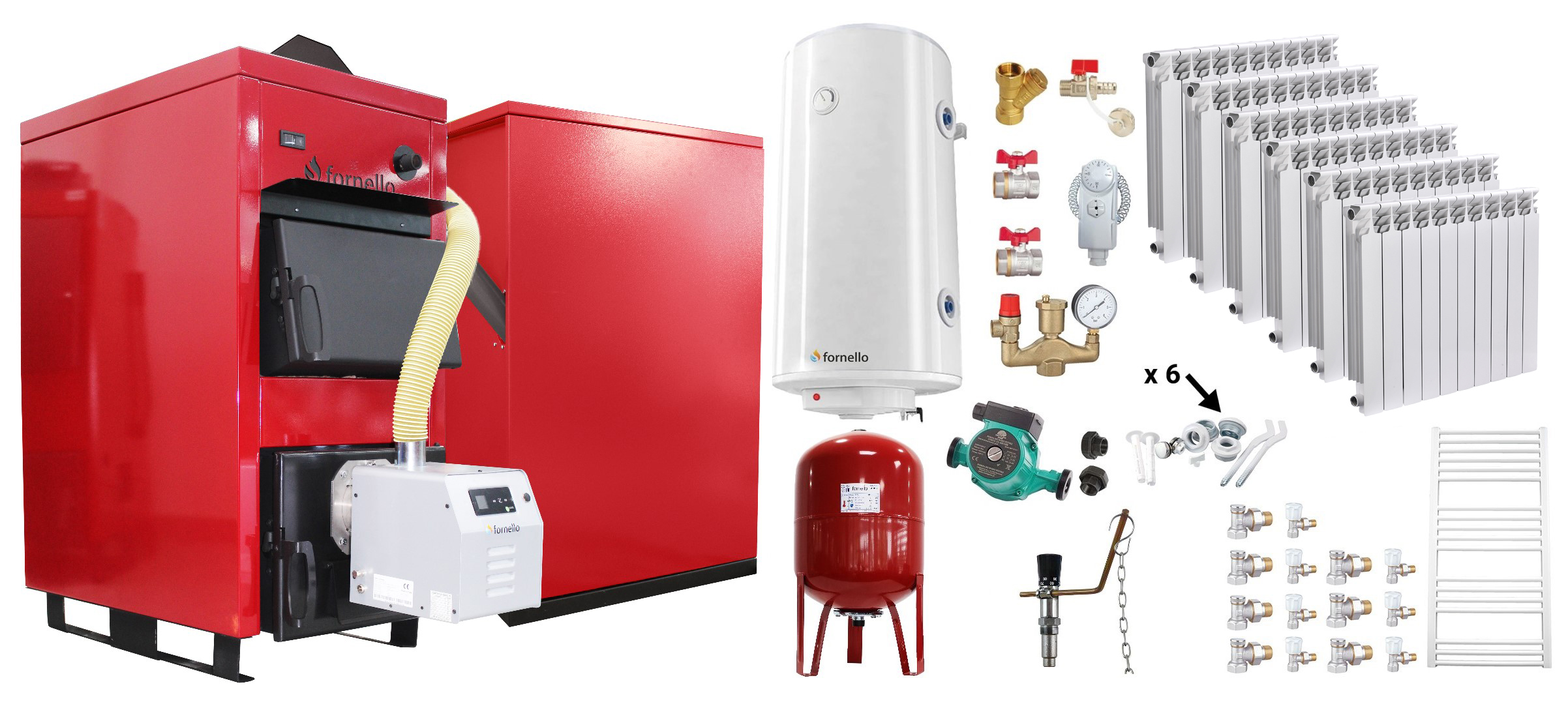 Pachet Centrala Mixta Lemn si Peleti Fornello Eco Energy WB 35 kW, Calorifere Aluminiu Fornello Alvo, Boiler termoelectric, Vas expansiune, Pompa, Arzator Fornello B-HOME 34 kW cu snec B-MAX, Buncar peleti 280 kg si fitinguri montaj