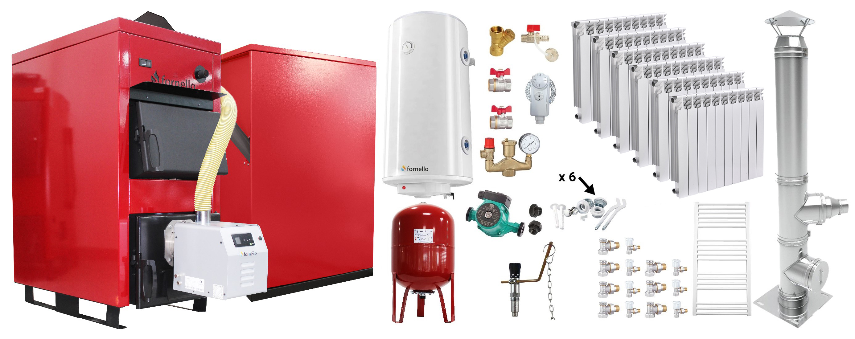 Pachet Centrala Mixta Lemn si Peleti Fornello Eco Energy WB 35 kW, Calorifere Aluminiu Fornello Alvo, Cos Inox, Boiler termoelectric, Vas expansiune, Pompa, Arzator Fornello B-HOME 34 kW cu snec B-MAX, Buncar 280 kg si fitinguri