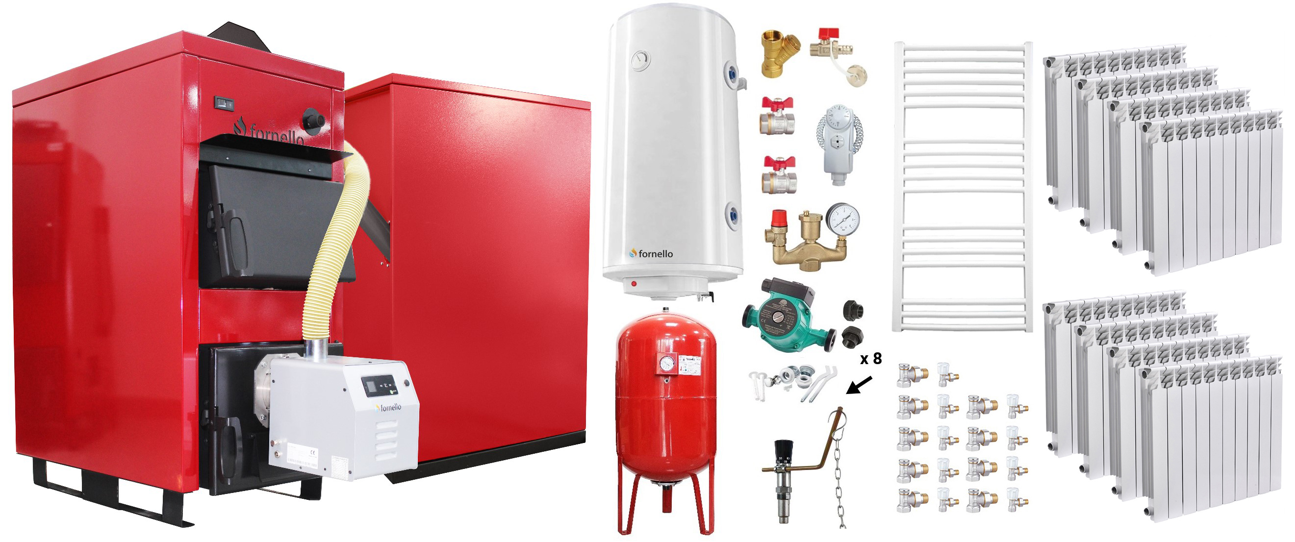 Pachet Centrala Mixta Lemn si Peleti Fornello Eco Energy WB 40 kW, Calorifere Aluminiu, Boiler termoelectric, Vas expansiune, Pompa, Arzator Fornello B-HOME 34 kW cu snec B-MAX, Buncar peleti 280 kg si fitinguri montaj