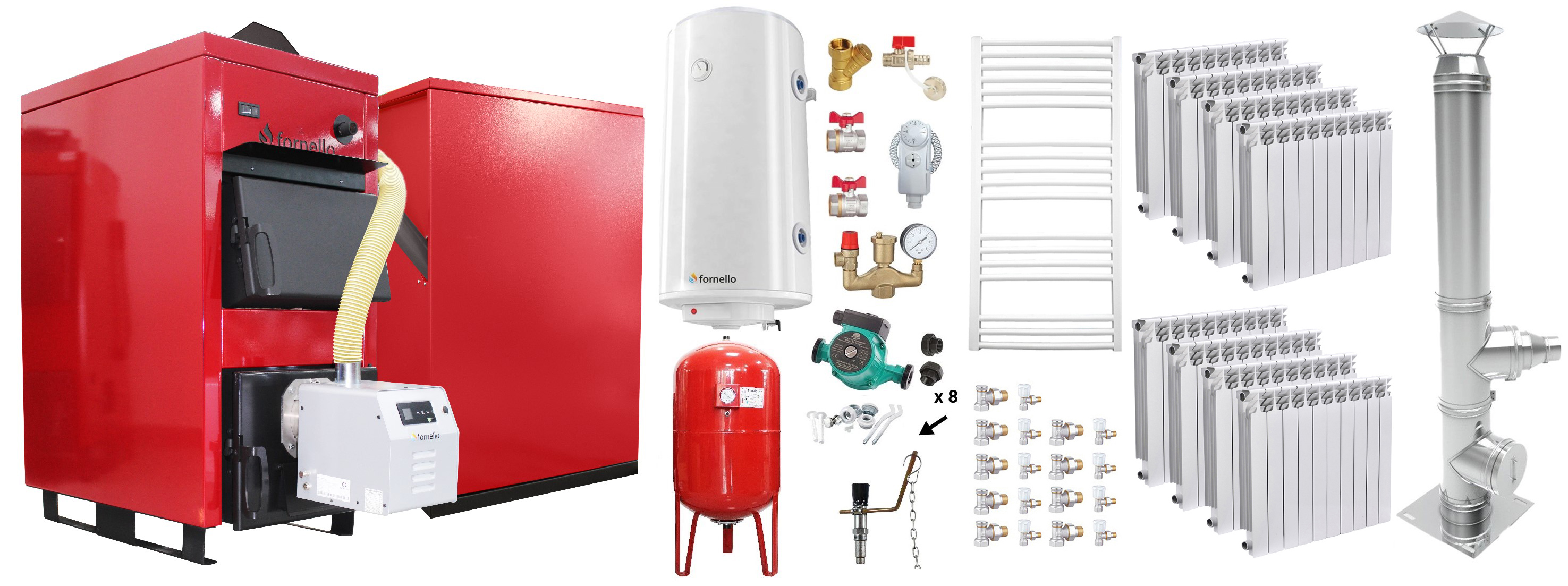 Pachet Centrala Mixta Lemn si Peleti Fornello Eco Energy WB 40 kW, Calorifere Aluminiu Fornello Alvo, Cos Inox, Boiler termoelectric, Vas expansiune, Pompa, Arzator Fornello B-HOME 34 kW cu snec B-MAX, Buncar peleti 280 kg si fitinguri montaj