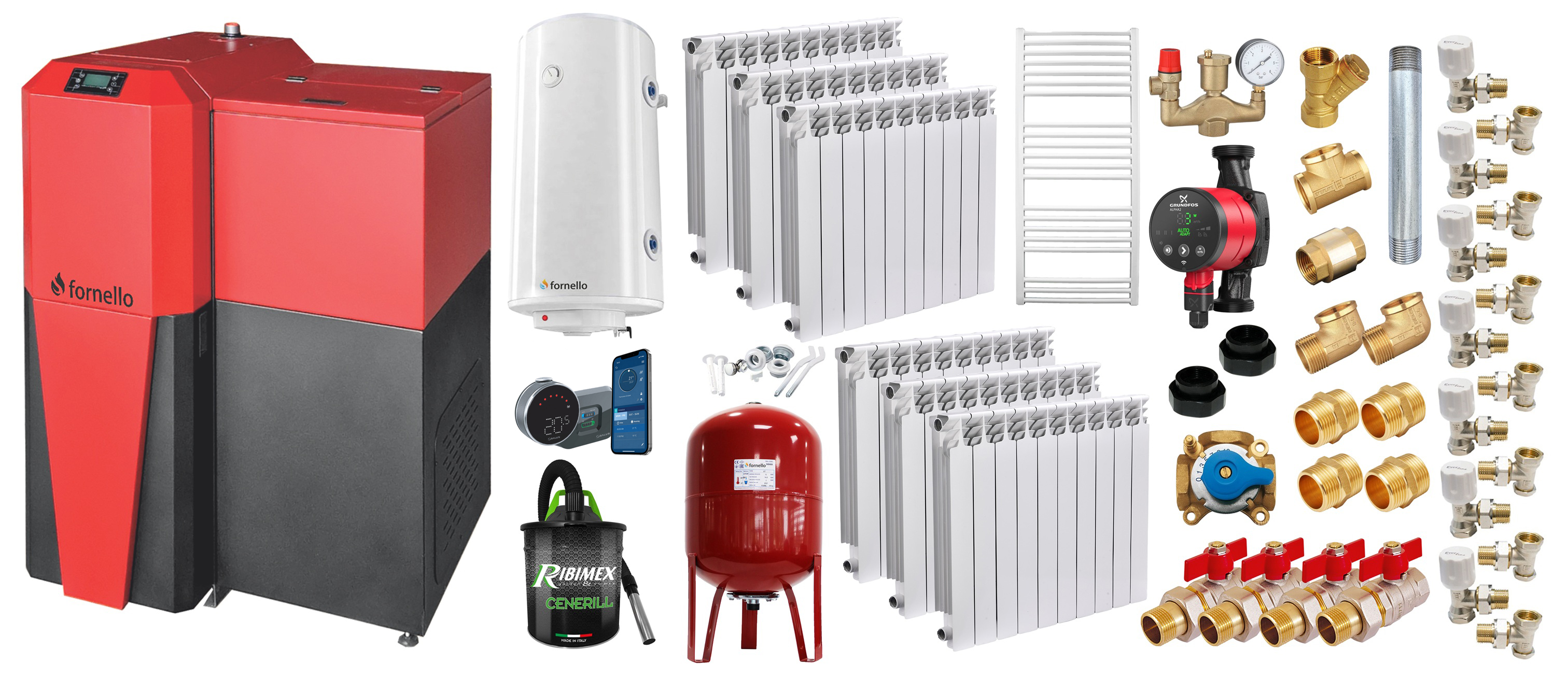 Pachet Centrala mixta Lemn/Pelet Fornello Tera 28 kW calorifere aluminiu boiler termostat aspirator pompa vas expansiune fitinguri aprindere automanta la peleti buncar peleti 95 kg creuzet fonta curatarea facila pentru 180 mp