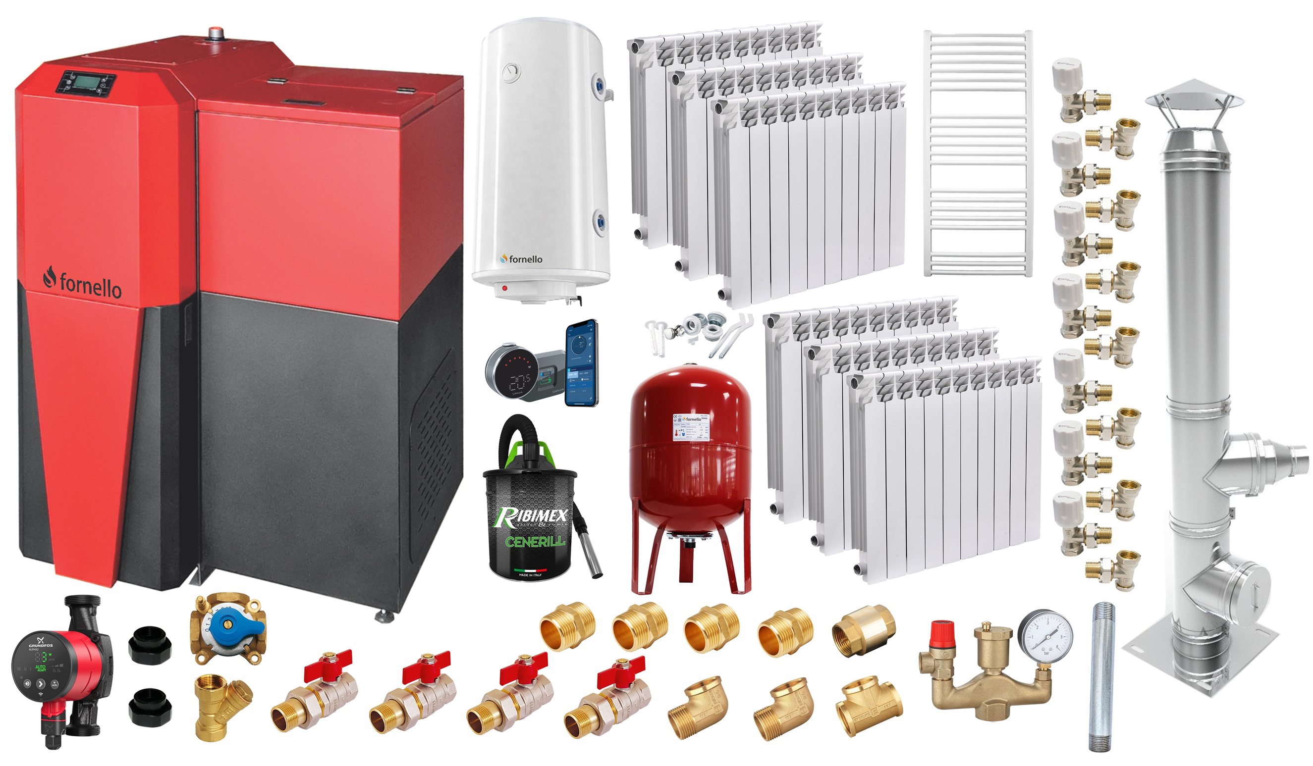 Pachet Centrala mixta Lemn/Pelet Fornello Tera 28 kW calorifere aluminiu cos inox boiler termostat aspirator pompa vas expansiune fitinguri aprindere automanta la peleti buncar peleti 95 kg creuzet fonta curatarea facila pentru 180 mp