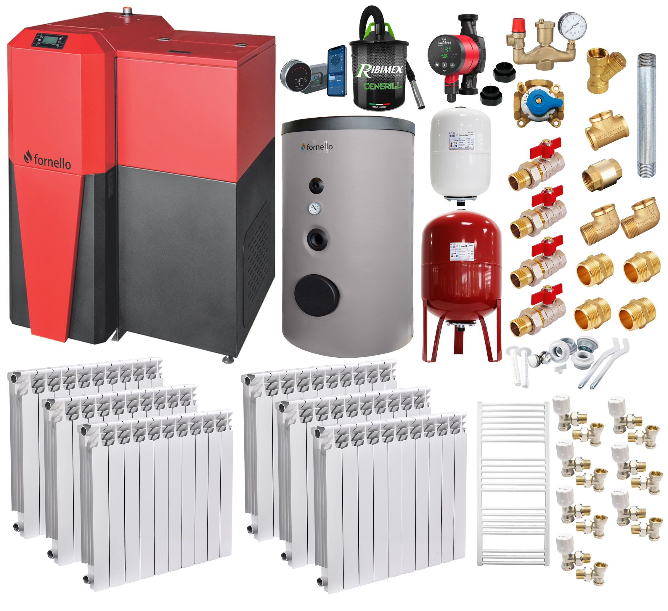 Pachet Centrala mixta Lemn/Pelet Fornello Tera 28 kW boiler de sol calorifere aluminiu termostat aspirator pompa vas expansiune fitinguri aprindere automanta la peleti buncar peleti 95 kg creuzet fonta pentru 180 mp