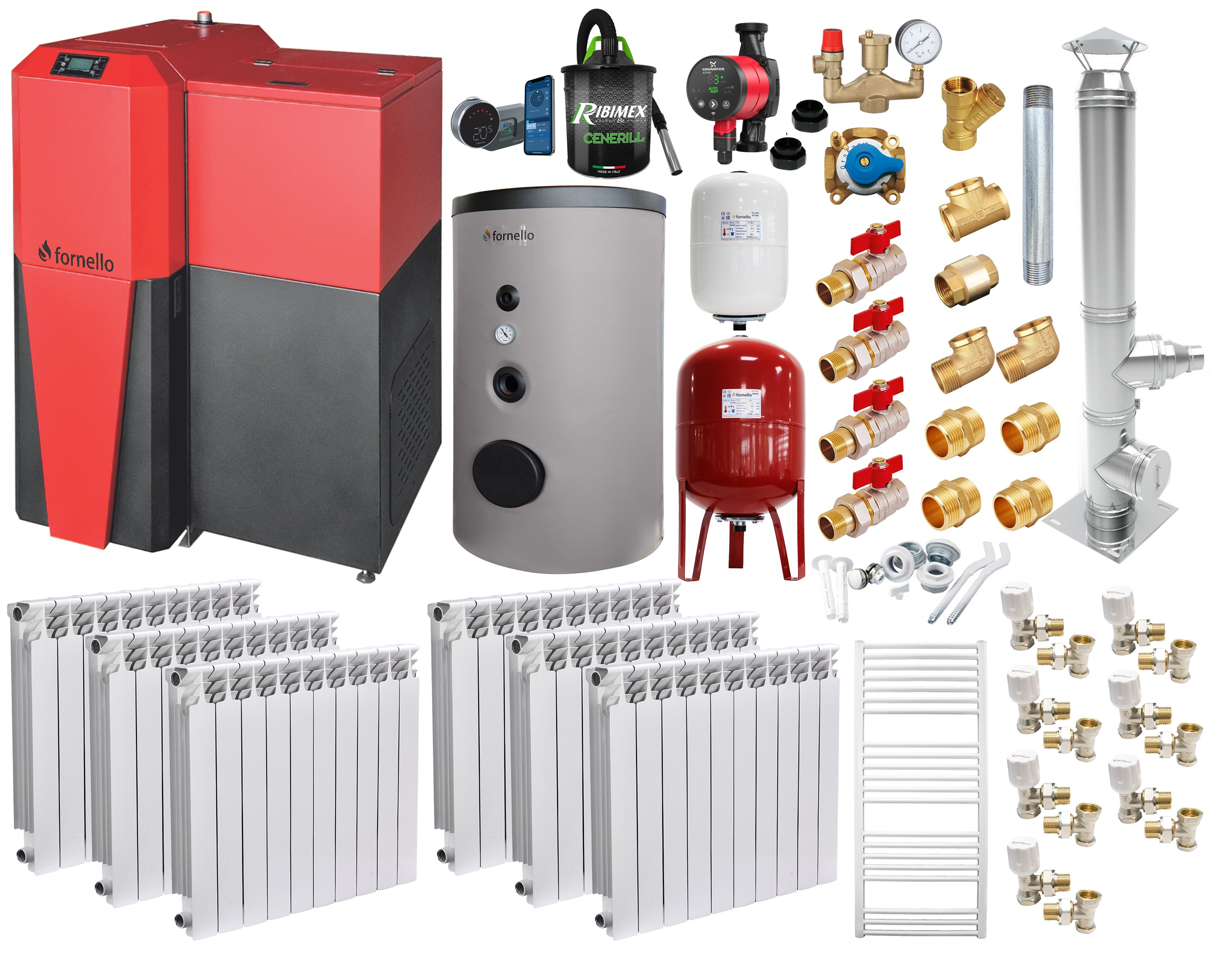 Pachet Centrala mixta Lemn/Pelet Fornello Tera 28 kW boiler de sol cos inox calorifere aluminiu termostat aspirator pompa vas expansiune fitinguri aprindere automanta la peleti buncar peleti 95 kg creuzet fonta pentru 180 mp
