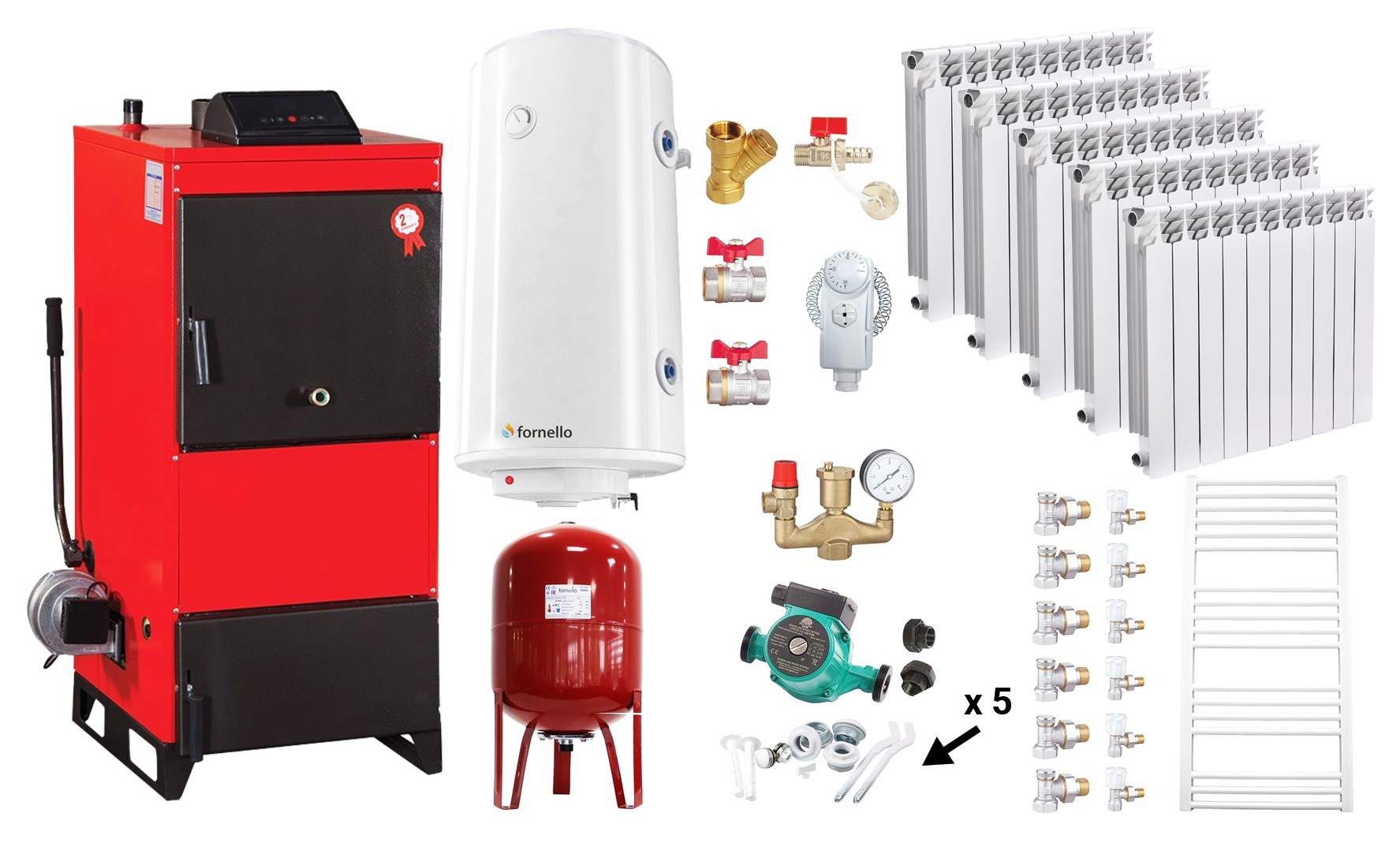 Pachet Centrala pe combustibil solid Fiama D2-25 Putere 29 kW, cu Ventilator si Automatizare, Calorifere aluminiu, Boiler Termoelectric, Pompa, Vas Expansiune si Fitinguri