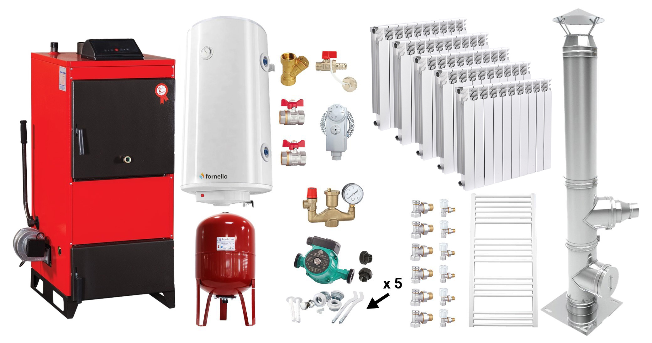 Pachet Centrala pe combustibil solid Fiama D2-25 Putere 29 kW, cu Ventilator si Automatizare, Cos inox, Calorifere aluminiu, Boiler Termoelectric, Pompa, Vas Expansiune si Fitinguri