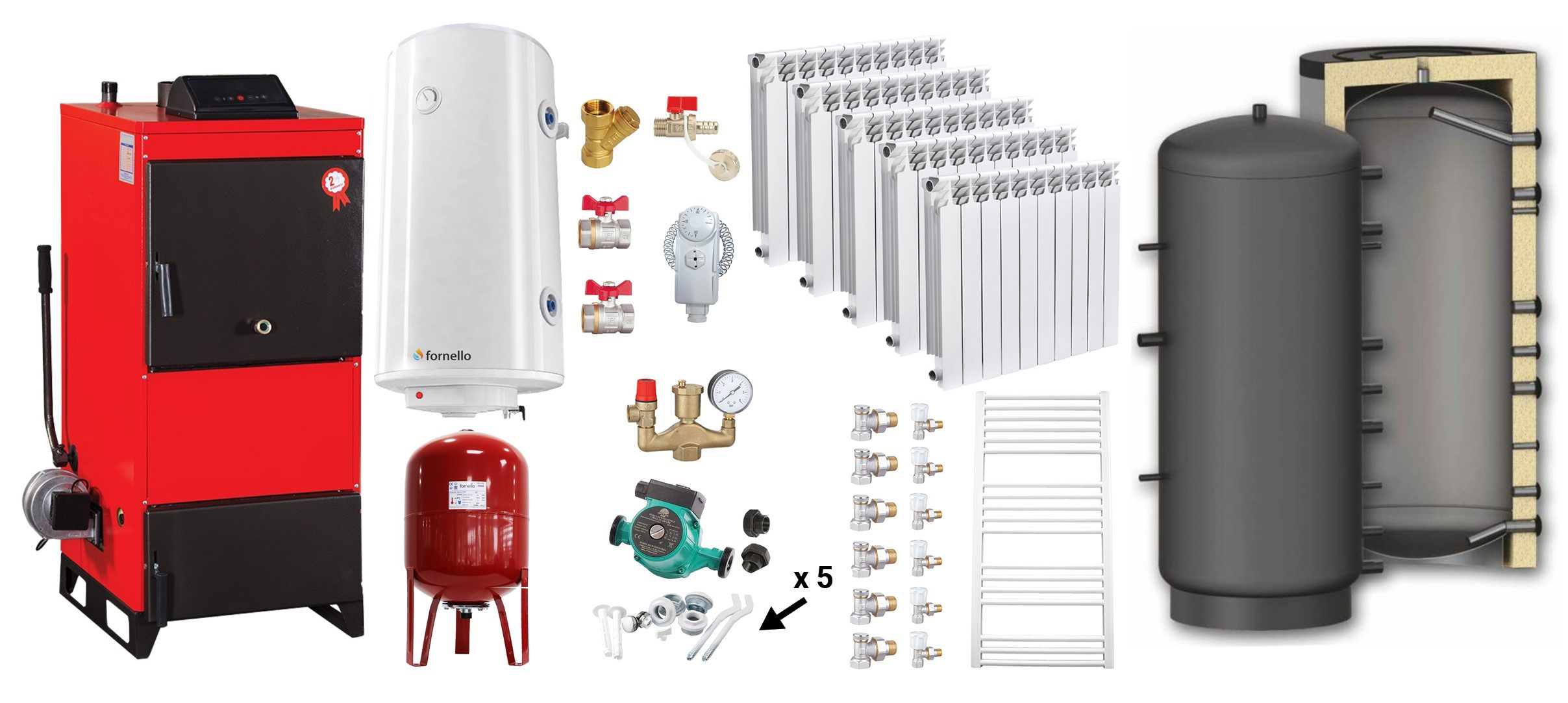 Pachet Centrala pe combustibil solid Fiama D2-25 Putere 29 kW, cu Ventilator si Automatizare, Puffer 800 litri, Calorifere aluminiu, Boiler Termoelectric, Pompa, Vas Expansiune si Fitinguri