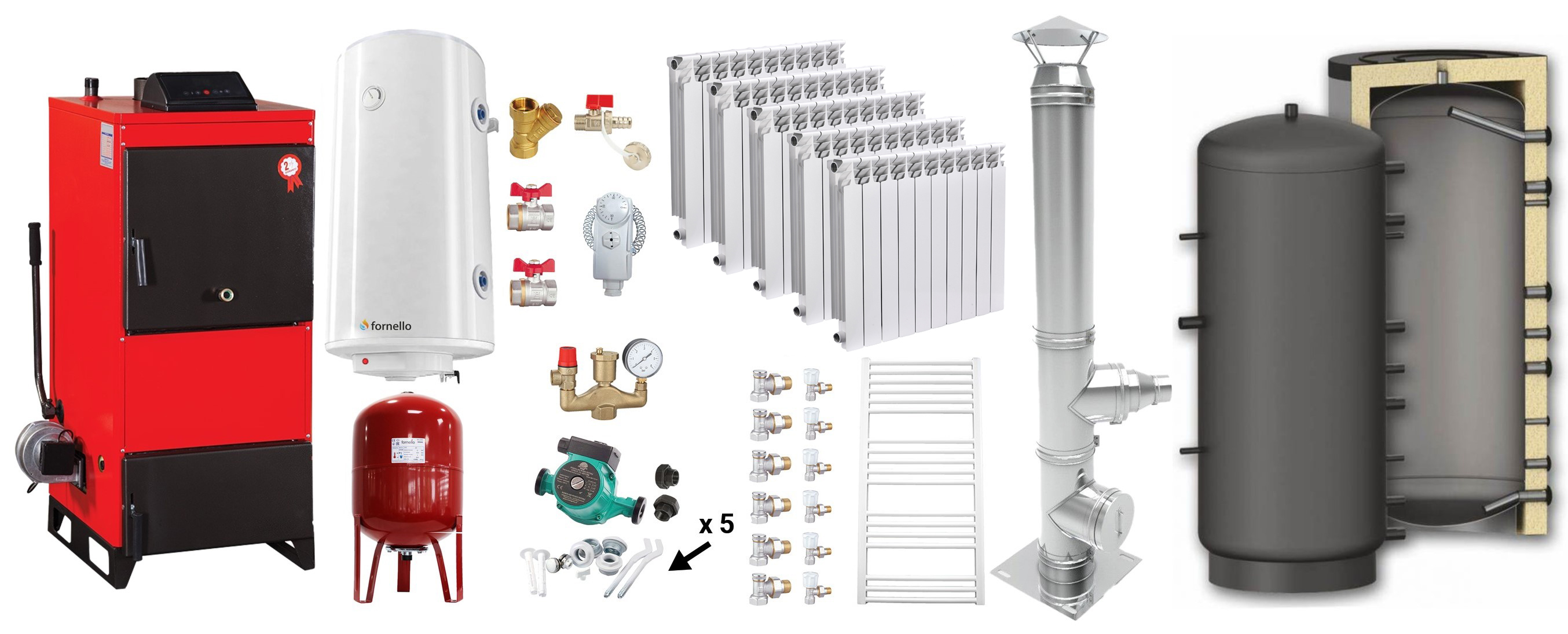 Pachet Centrala pe combustibil solid Fiama D2-25 Putere 29 kW, cu Ventilator si Automatizare, Puffer 800 litri, Cos inox, Calorifere aluminiu, Boiler Termoelectric, Pompa, Vas Expansiune si Fitinguri