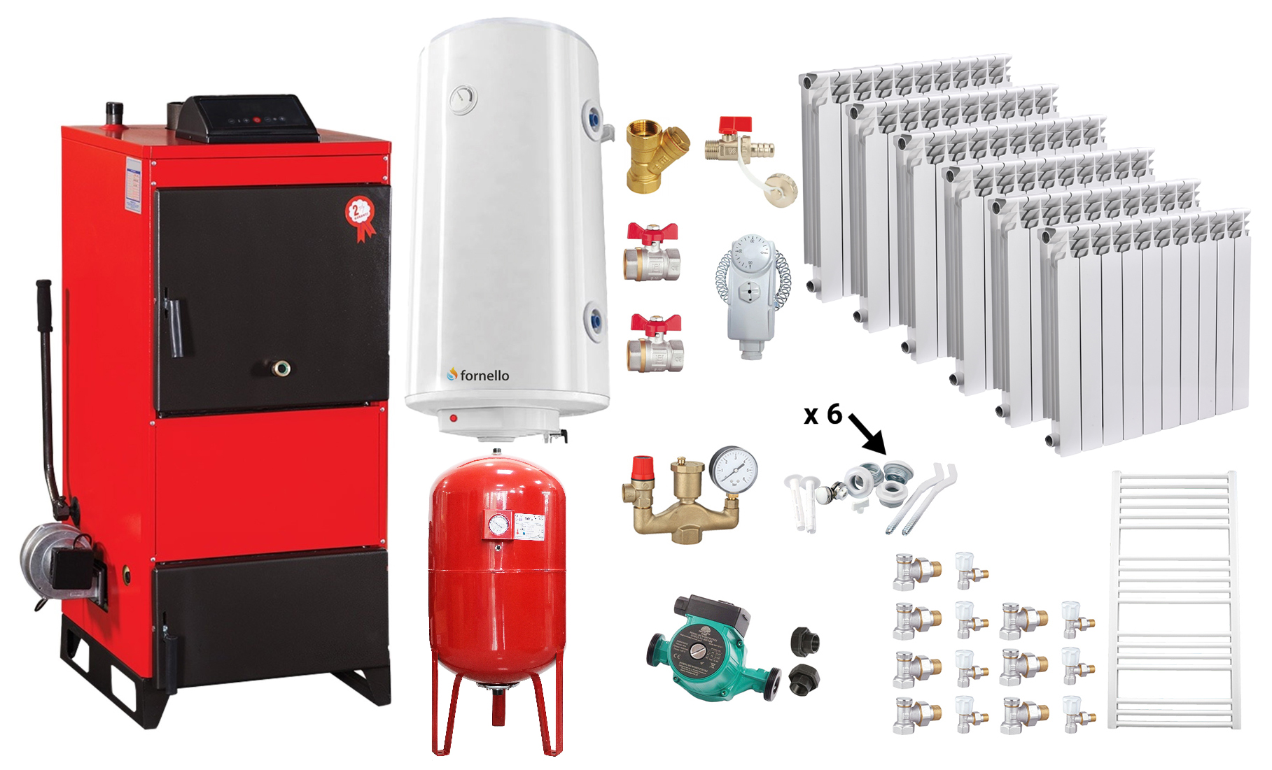 Pachet Centrala pe combustibil solid Fiama D2-40 Putere 46 kW, cu Ventilator si Automatizare, Calorifere Aluminiu, Boiler Termoelectric, Pompa, Vas Expansiune si Fitinguri