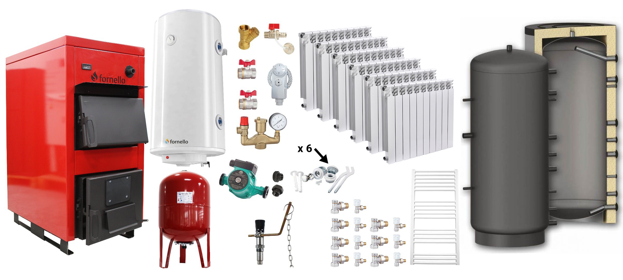 Pachet Centrala pe combustibil solid Fiama D2-40 Putere 46 kW, cu Ventilator si Automatizare, Puffer 1000 litri, Calorifere Aluminiu, Boiler Termoelectric, Pompa, Vas Expansiune si Fitinguri