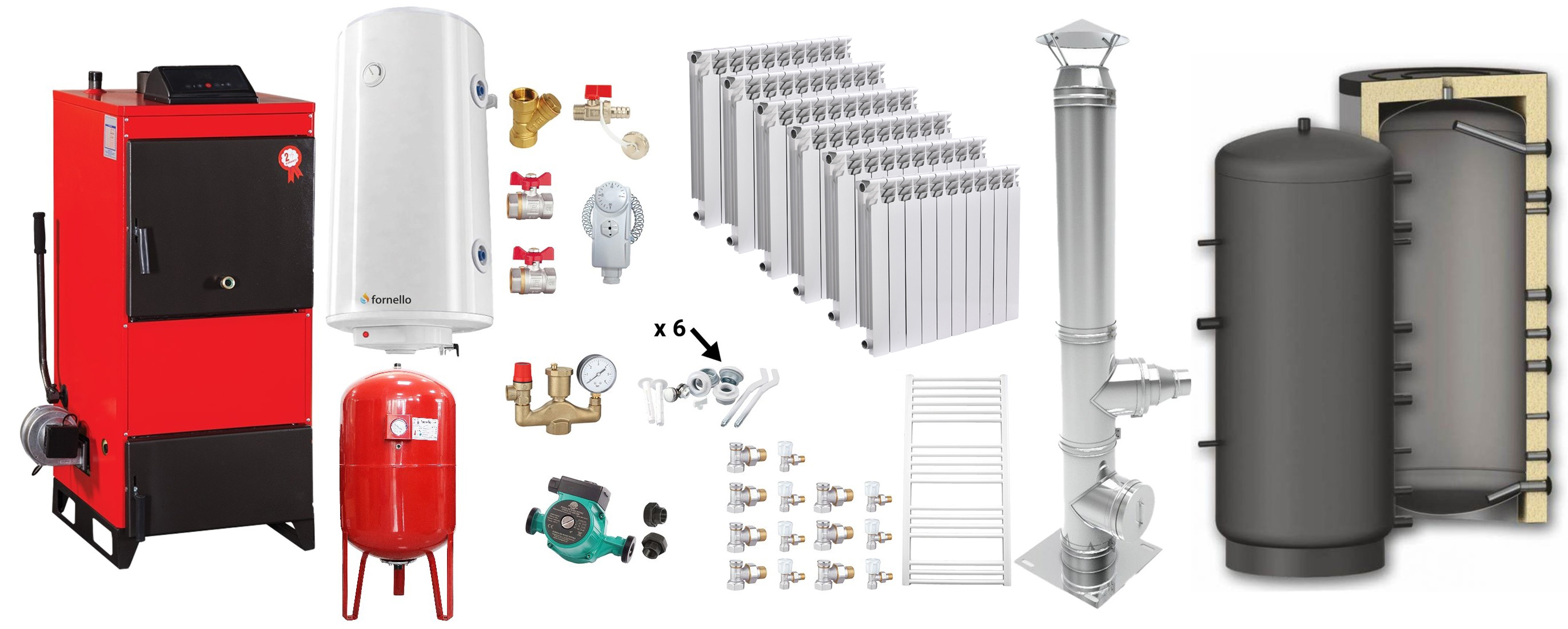 Pachet Centrala pe combustibil solid Fiama D2-40 Putere 46 kW, cu Ventilator si Automatizare, Puffer 1000 litri, Cos inox, Calorifere Aluminiu, Boiler Termoelectric, Pompa, Vas Expansiune si Fitinguri