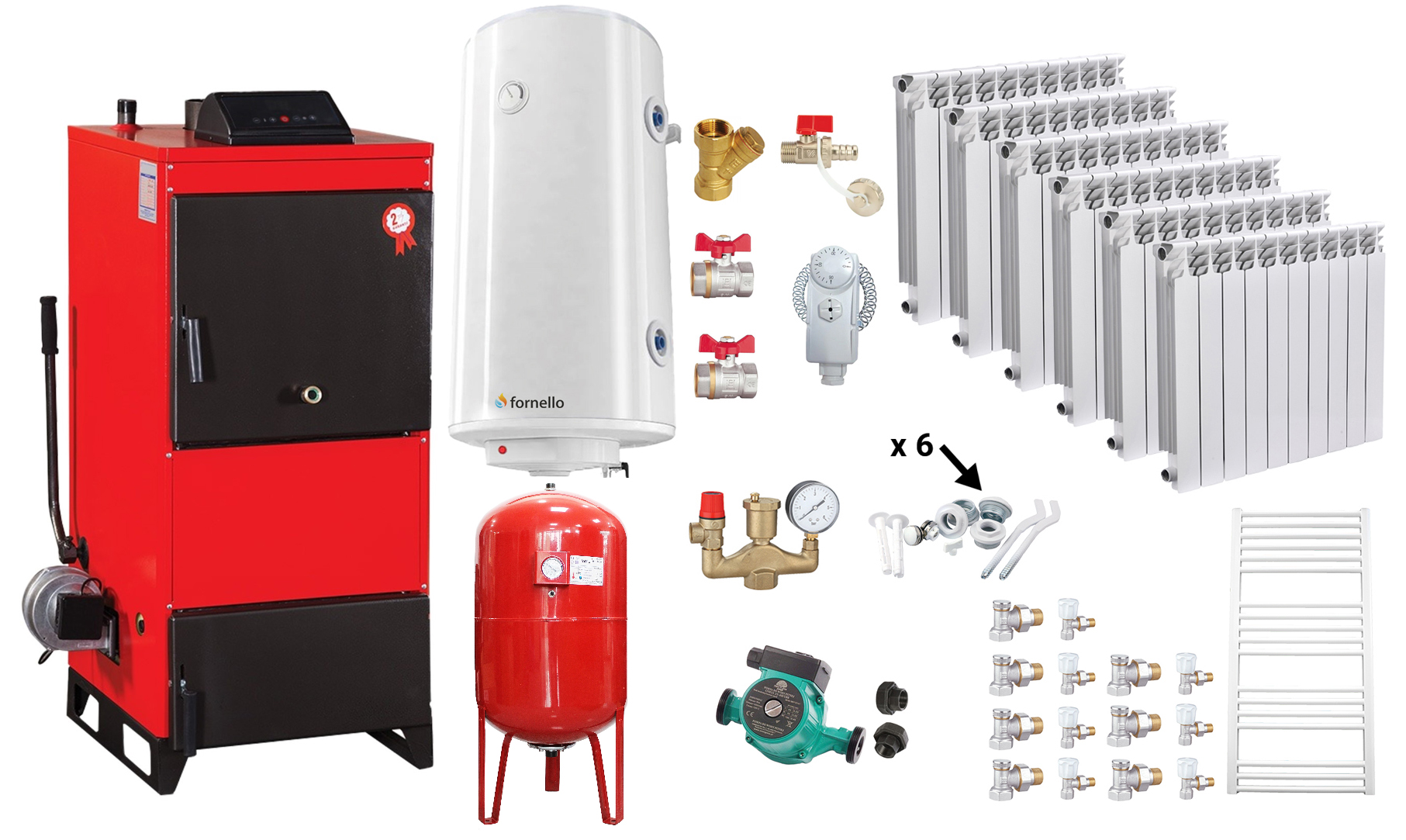 Pachet Centrala pe combustibil solid Fiama D2-60 Putere 70 kW, cu Ventilator si Automatizare, Calorifere aluminiu, Boiler Termoelectric, Pompa, Vas Expansiune si Fitinguri