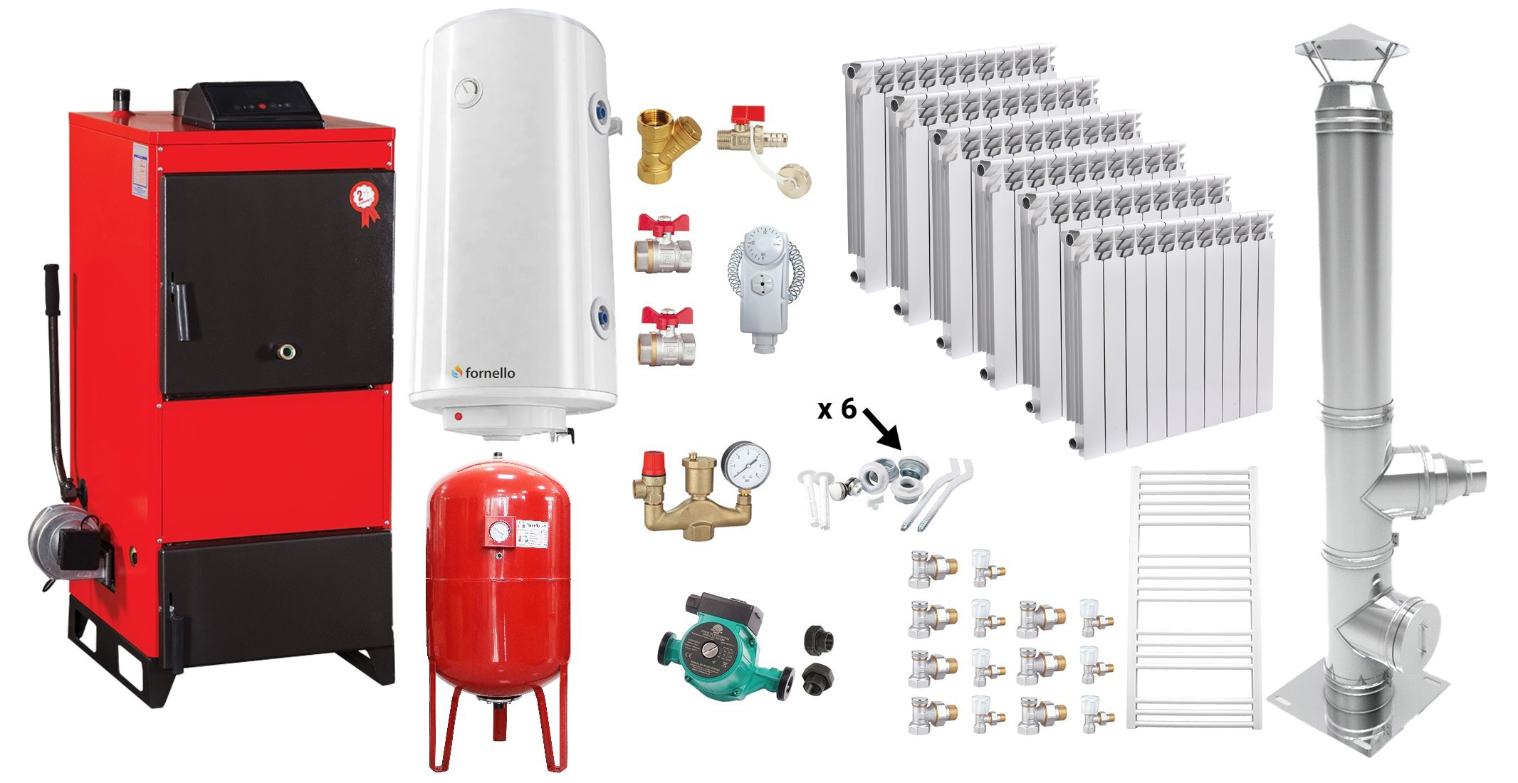 Pachet Centrala pe combustibil solid Fiama D2-60 Putere 70 kW, cu Ventilator si Automatizare, Cos Inox, Calorifere aluminiu, Boiler Termoelectric, Pompa, Vas Expansiune si Fitinguri