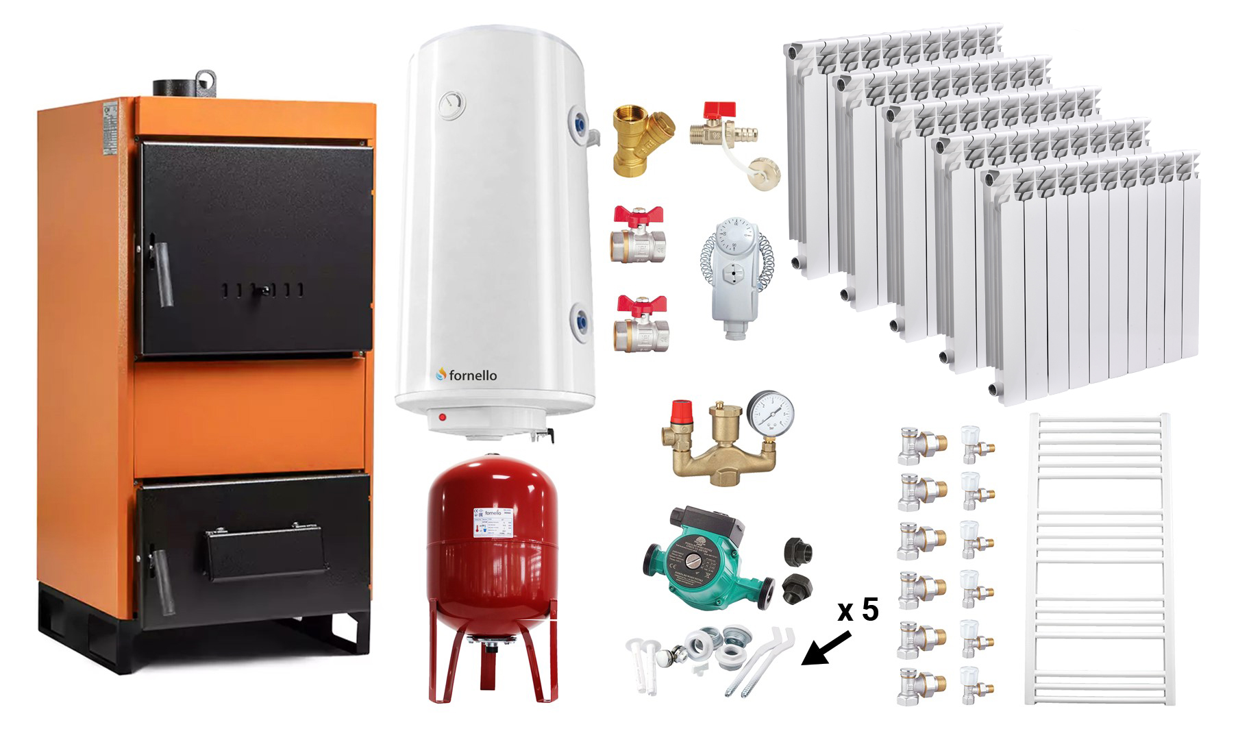 Pachet Centrala pe combustibil solid Fiama W 25 kW, Calorifere aluminiu, Boiler Termoelectric, Vas Expansune, Pompa si Fitinguri Montaj